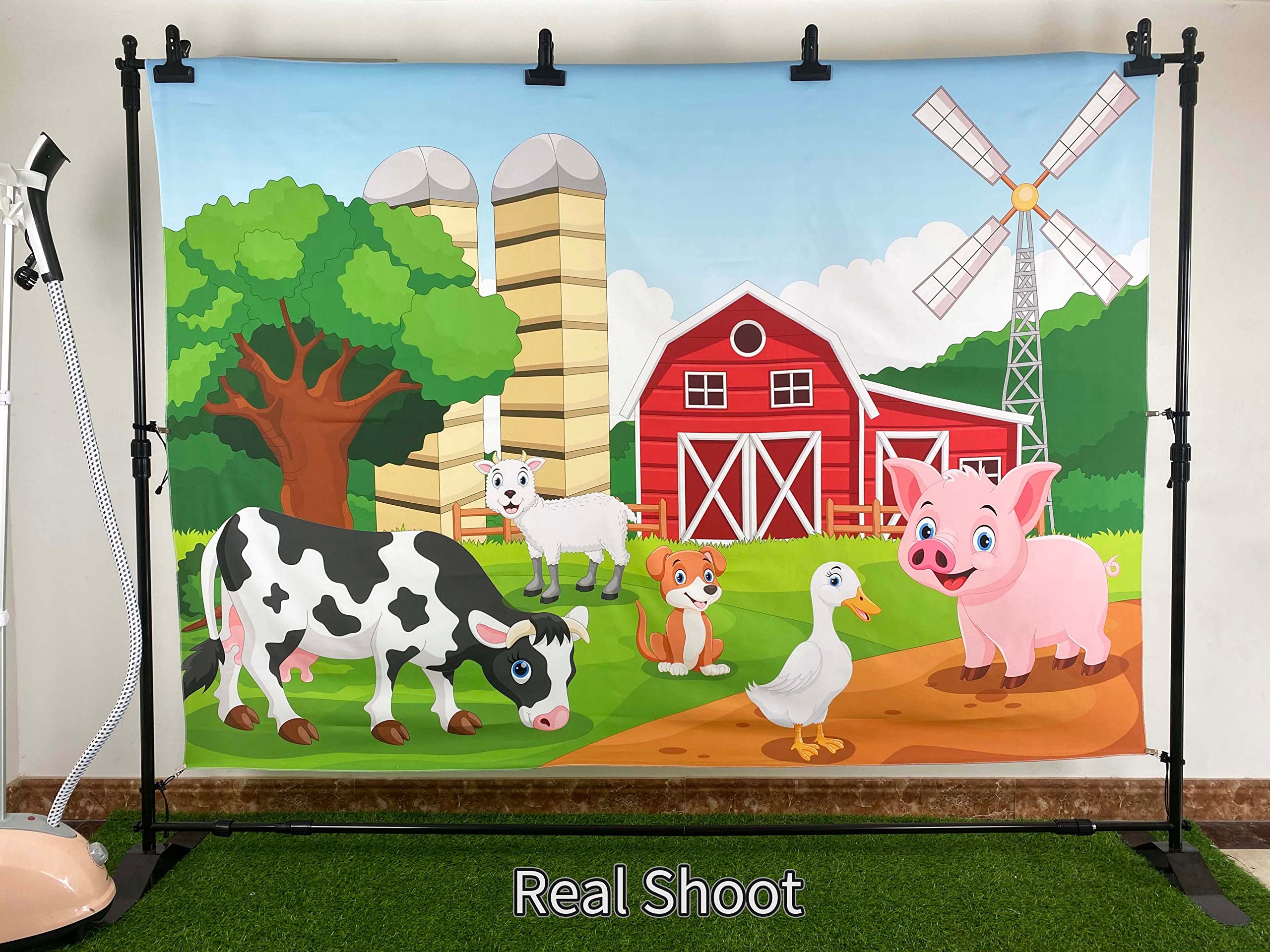 Loccor 7X5Ft Fabric Farm Animal Backdrop For Kids Birthday Party Decorations Cartoon Red Barnyard Cow Photography Background Bab