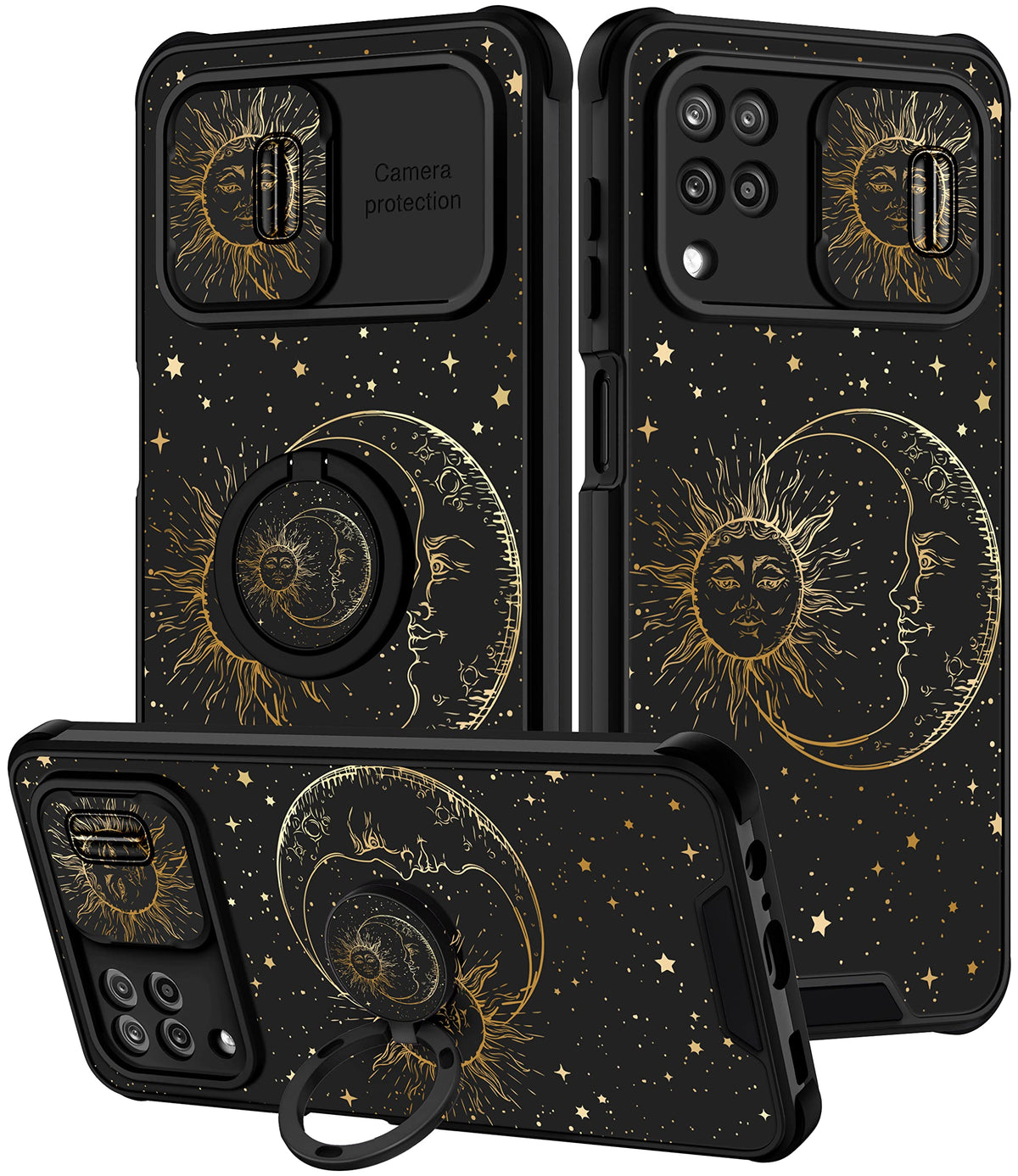 Goocrux (2In1 For Samsung Galaxy A12 Case Sun And Moon Women Girls Cute Stars Space Phone Cover With Slide Camera Cover+Ring Hol