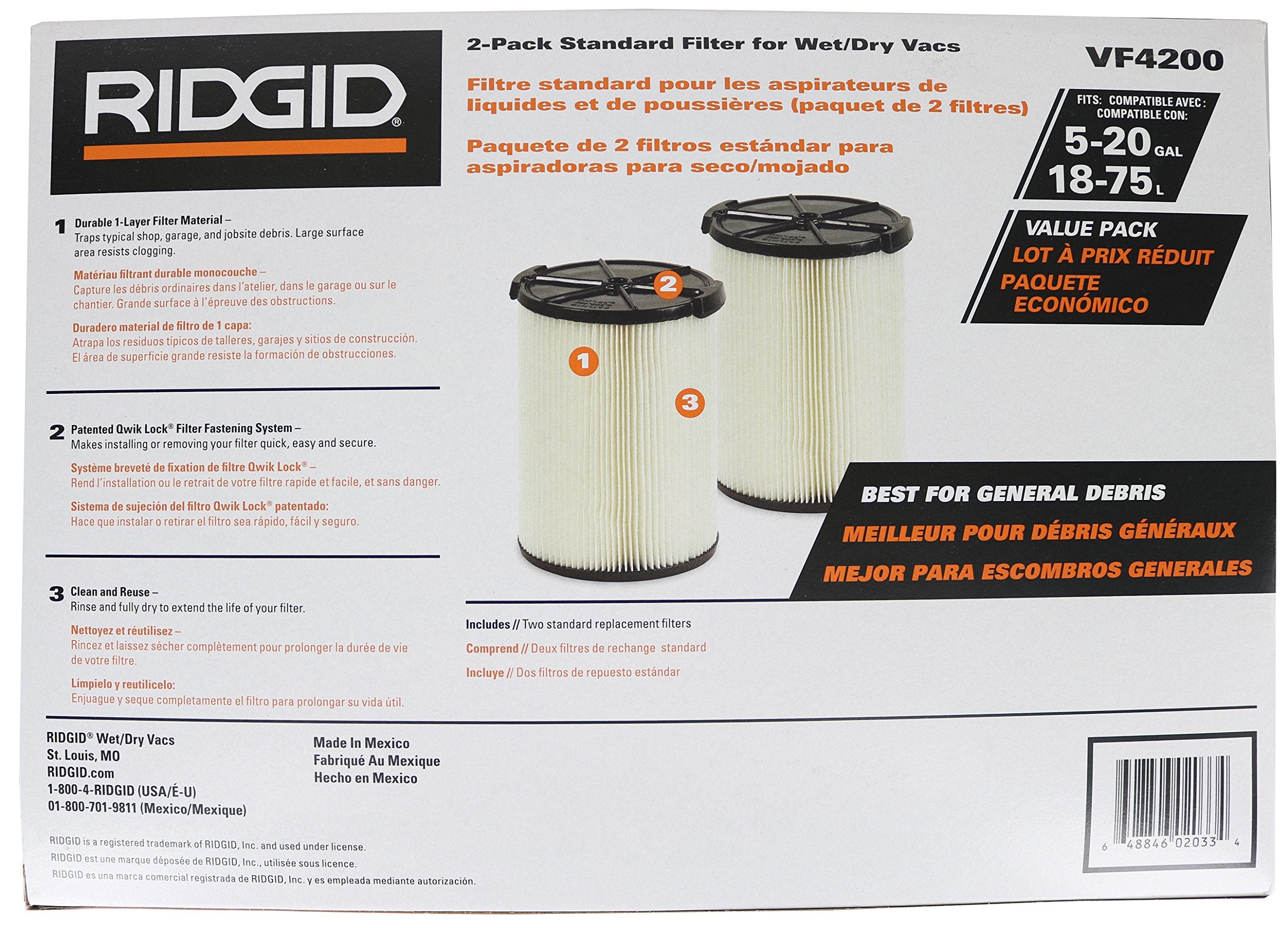Ridgid Vf4200 Genuine Replacement 1 Layer Everyday Dirt Wet/Dry Vac Filter For Ridgid 5 20 Gallon Vacuums (2 Pack Vf4000)