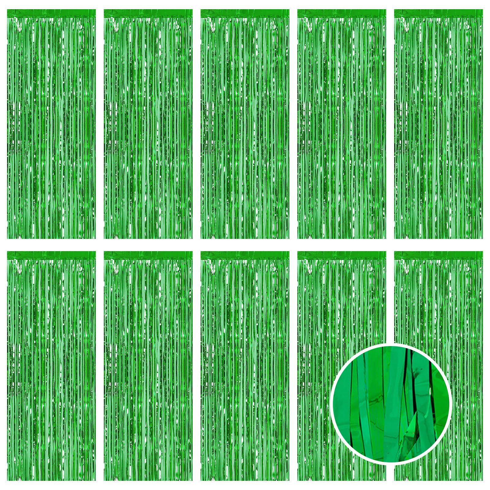 10 Pack Green Foil Curtain Backdrop 3.2Ft X 9.8Ft Green Metallic Tinsel Foil Fringe Curtains Streamer Photo Booth Backdrop For B