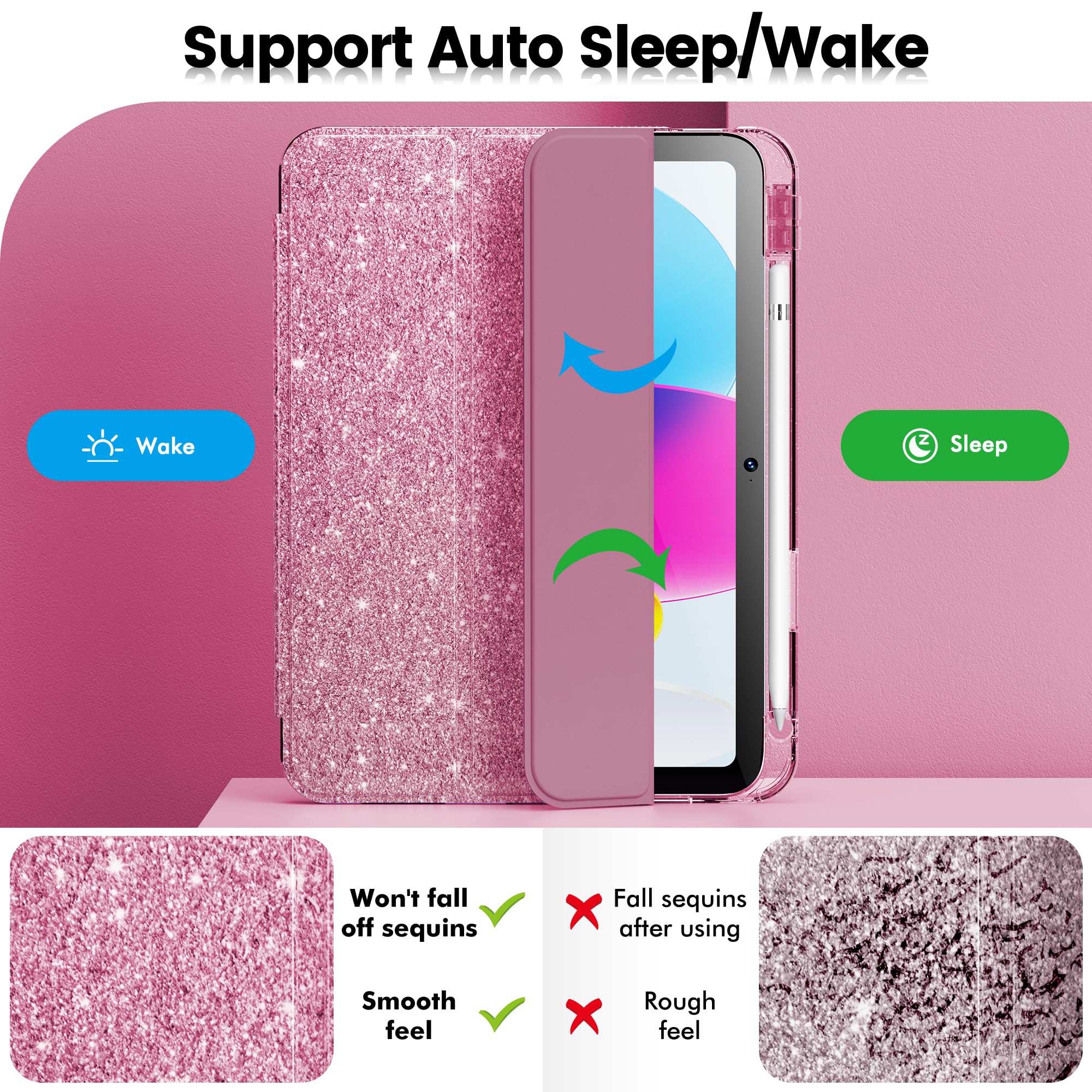 Infiland Case For Ipad A16 11 Inch 11Th Generation, Ipad 10Th Generation Case 10.9 Inch For Kids, Girls, Cute Glitter Cover With Sparkly Crystal Clear Back, Pencil Holder, Rose Pink