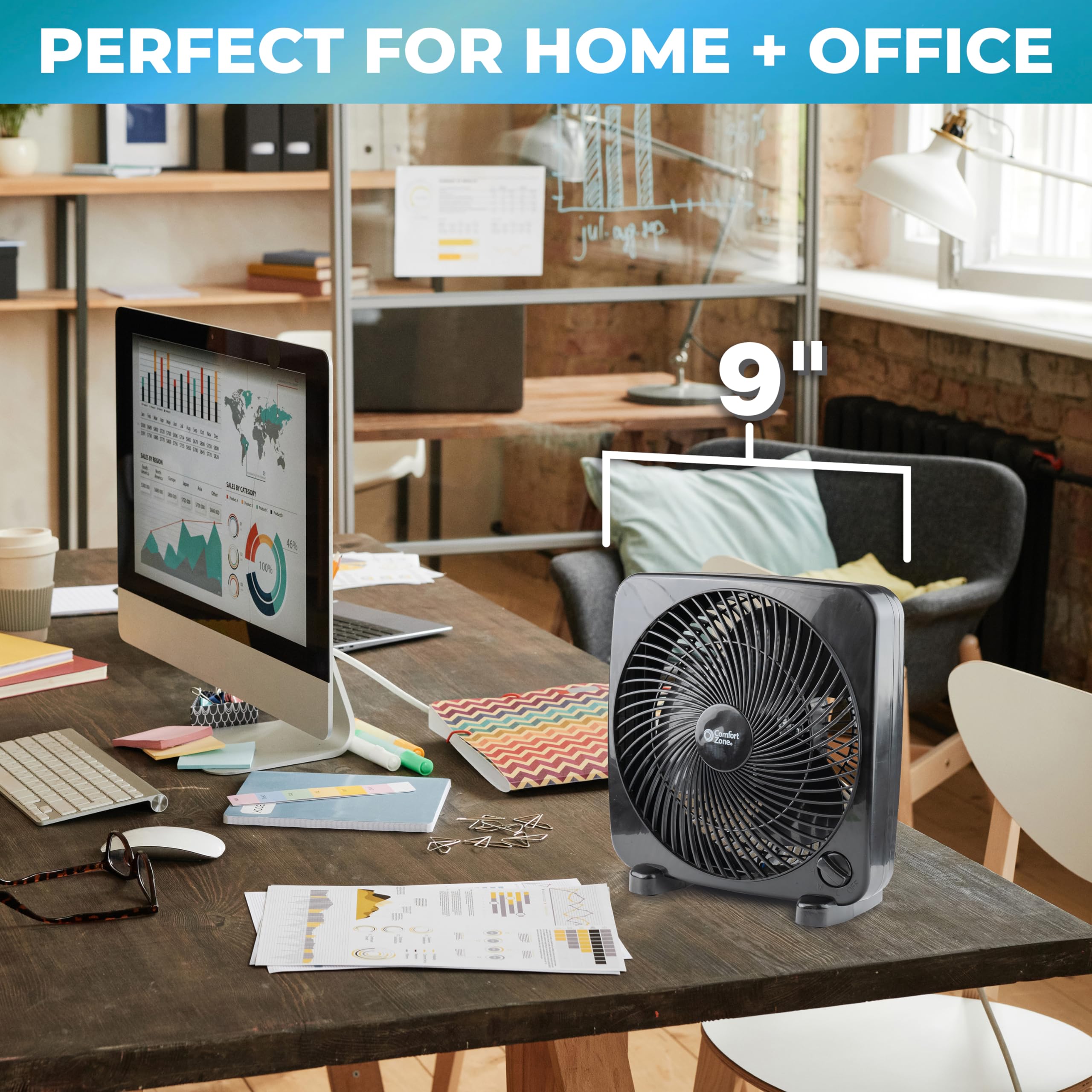 Comfort Zone Box Fan, 9 Inch, Portable, Electric Quiet, 3 Speed, Small Box Fan, Desk Fan, Table Fan, Airflow 9.65 Ft/Sec, Ideal