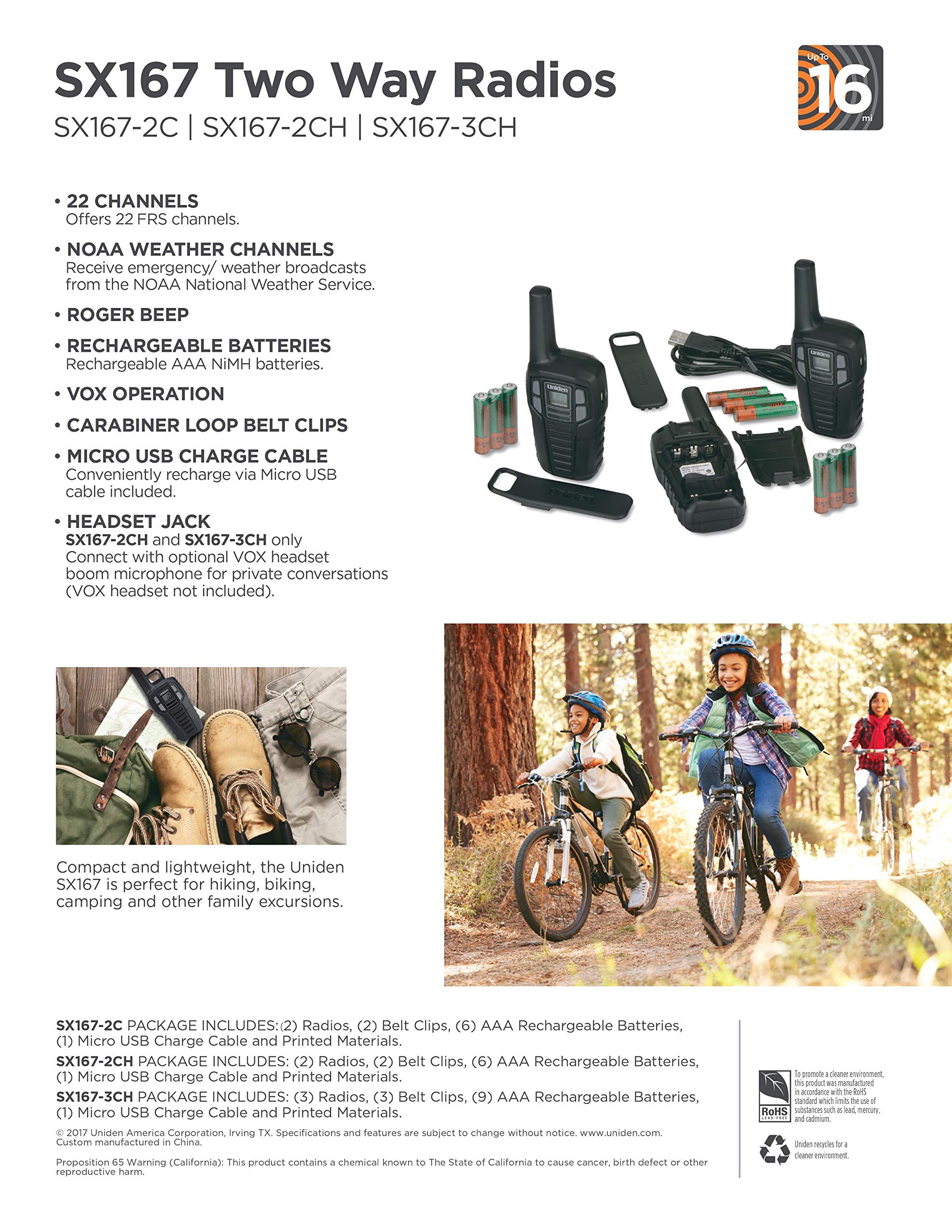 Uniden Sx167 2C Up To 16 Mile Range Two Way Radio Walkie Talkies, Rechargeable Batteries With Convenient Charging Cable, Noaa We