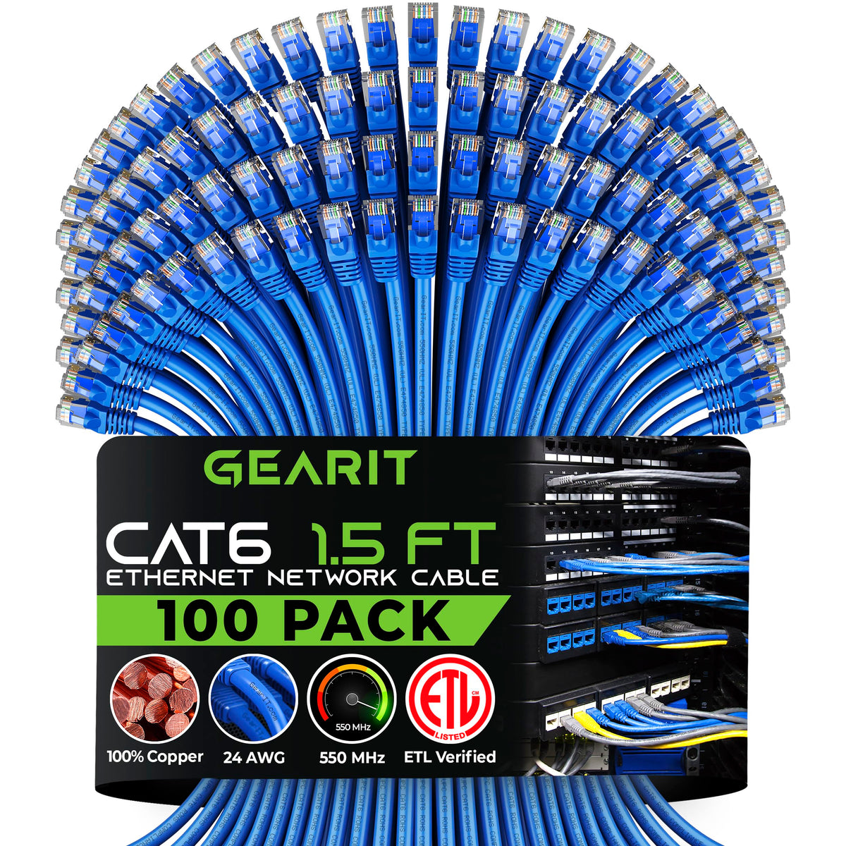 Gearit Cat 6 Ethernet Cable 1.5 Ft 18 Inch (100 Pack)   Cat6 Patch Cable, Cat 6 Patch Cable, Cat6 Cable, Cat 6 Cable, Cat6 Ether