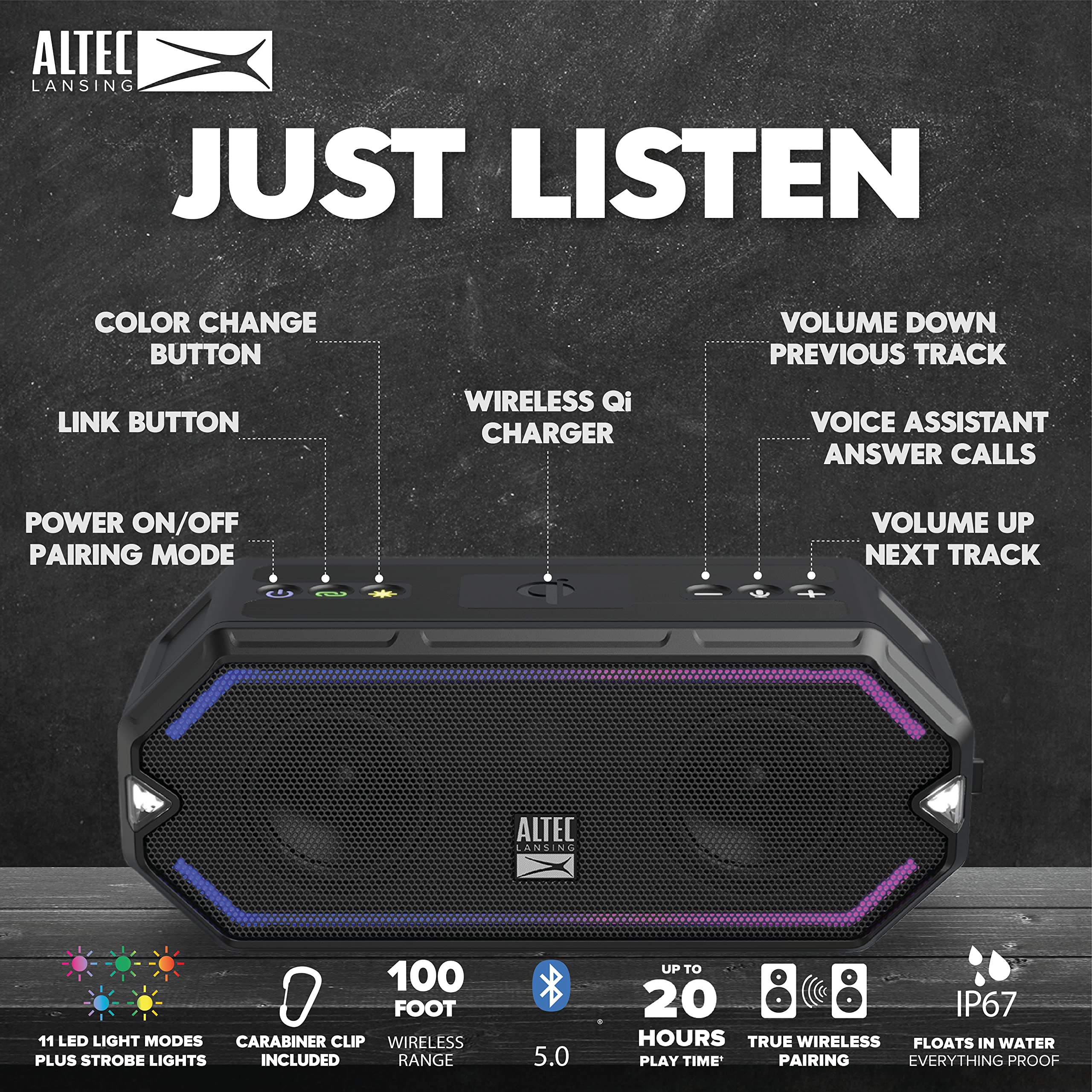 Altec Lansing   Hydrablast Wireless Portable Bluetooth Speaker, Ip67 Waterproof For Parties, Usb C Rechargeable Outdoor Speakers