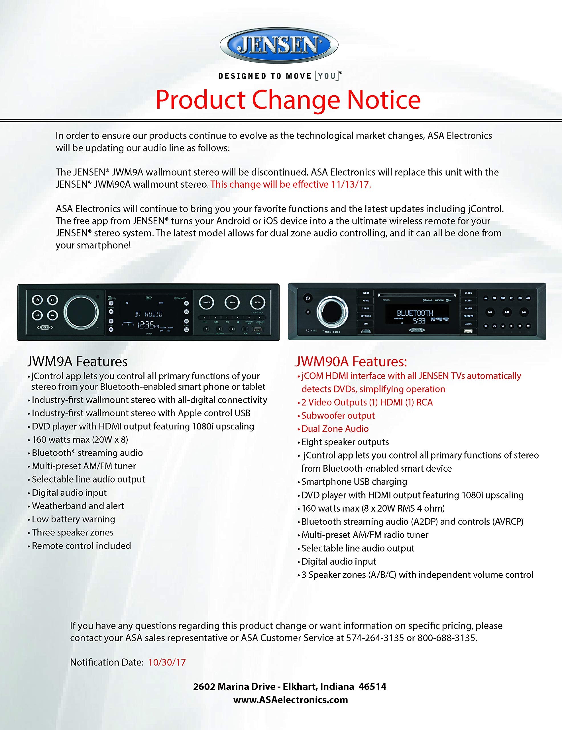 Jensen Jwm90A Slimline 3 Zone Source Theater Style Bluetooth Wallmount Stereo With App Control, Dvd/Cd R/Rw & Mp3 Compatible, Du