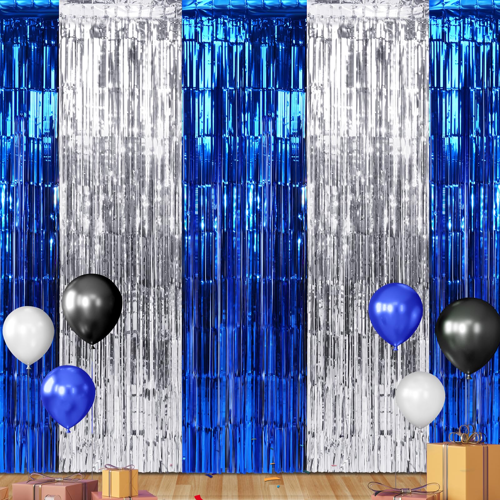 3Pack 3.3Ft X 6.6Ft Graduation Foil Fringe Curtain Backdrop Decorations, Blue Silver Metallic Tinsel Foil Streamers Curtain Phot