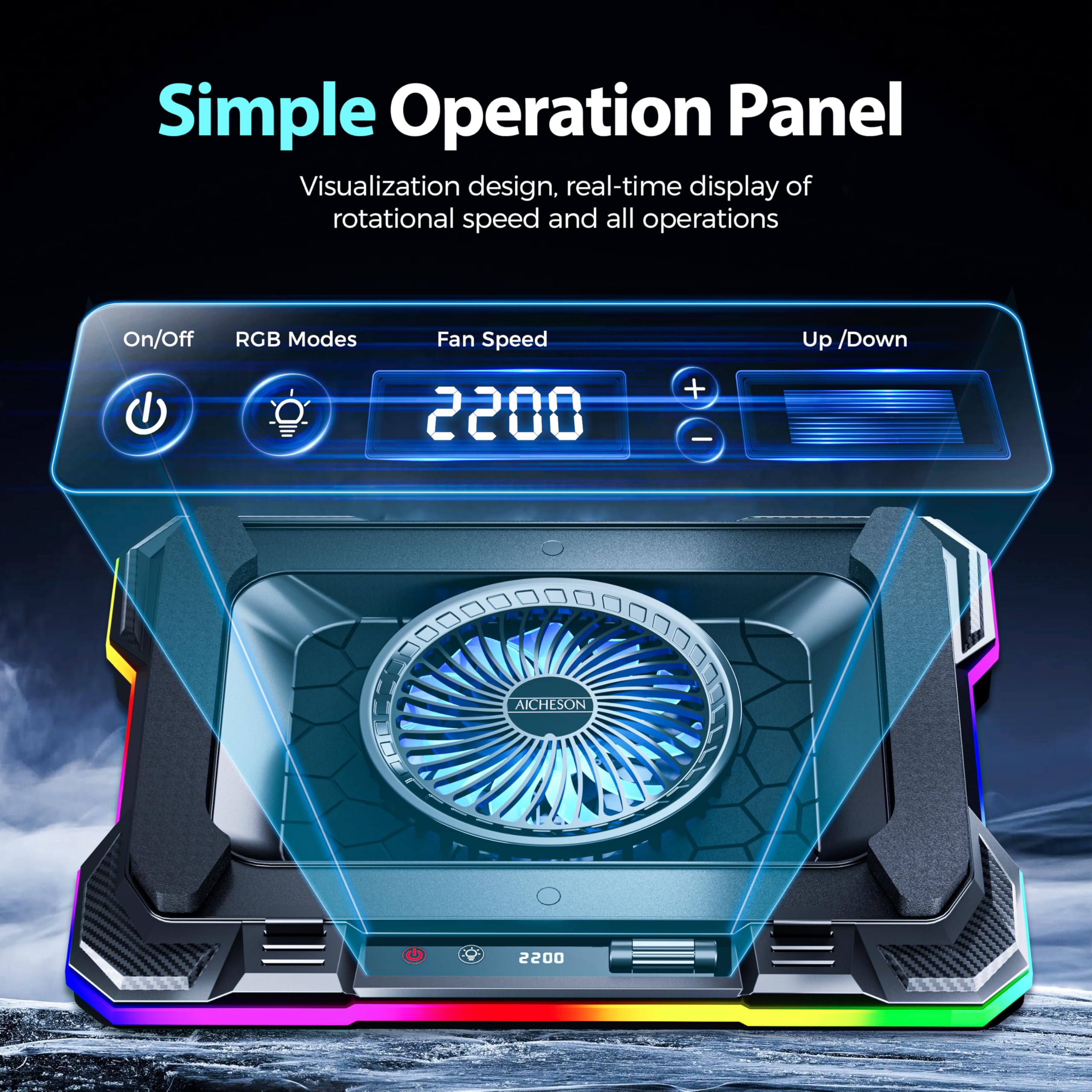 Aicheson Gaming Laptop Cooling Pad With Powerful Cooler Fans, Rgb Lighting And Phone Holder For 15 19 Inch Laptops And Pc Comput