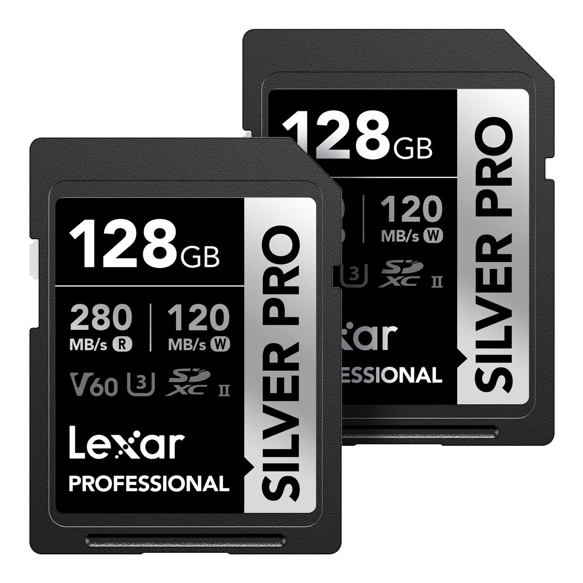 Lexar 128GB (2-PK) Professional SILVER PRO SDXC Memory Card, UHS-II, C10, U3, V60, Full-HD & 4K Video, Up To 280MB/s Read, for Professional Photographer, Videographer, Enthusiast (LSDSIPR128G-B2NNU)