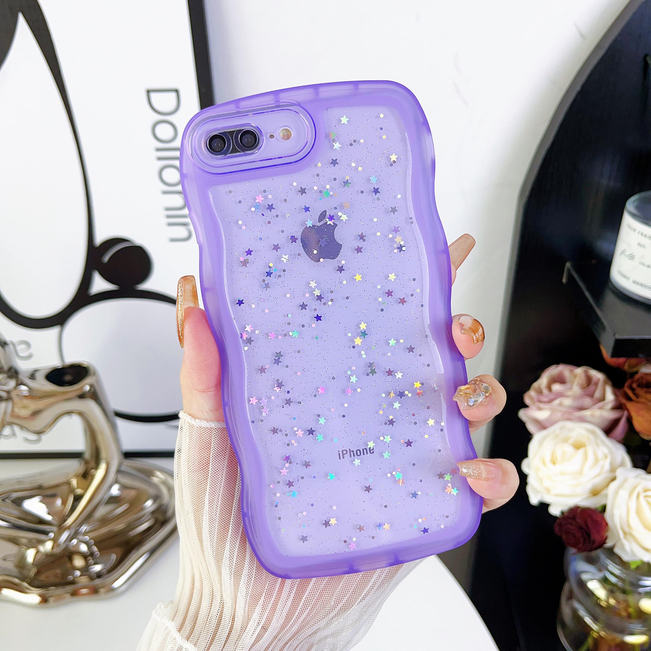 Qokey For Iphone Se Case,Iphone 8 Case,Iphone 7 Case,Cute Clear Glitter Curly Wave Design Case, Transparent Bling Shiny Protecti