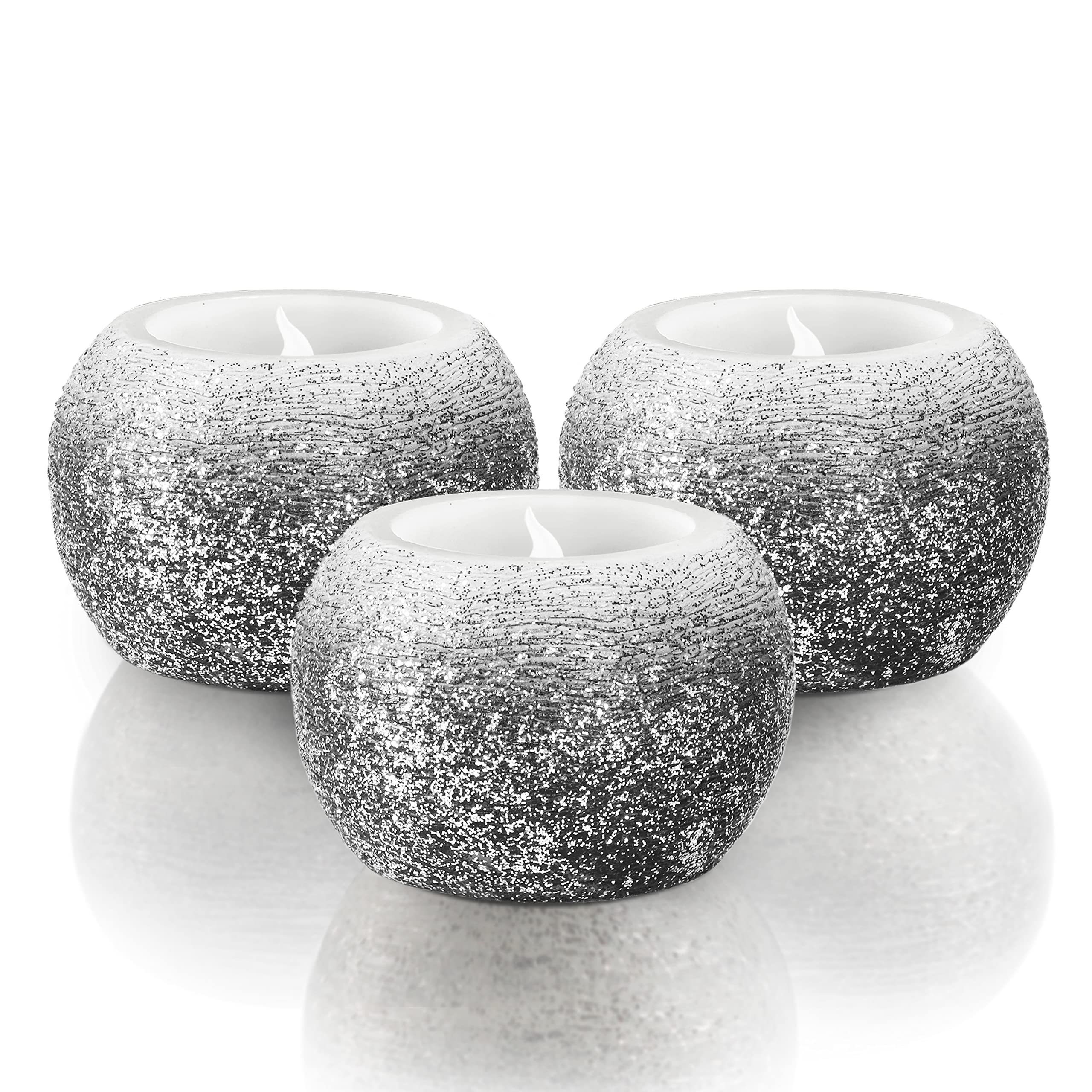 FURORA LIGHTING Black Glittery Real Wax Flameless Candles Pack of 3, LED Flickering Round Candles Perfect for Wedding D?or, 2.4?