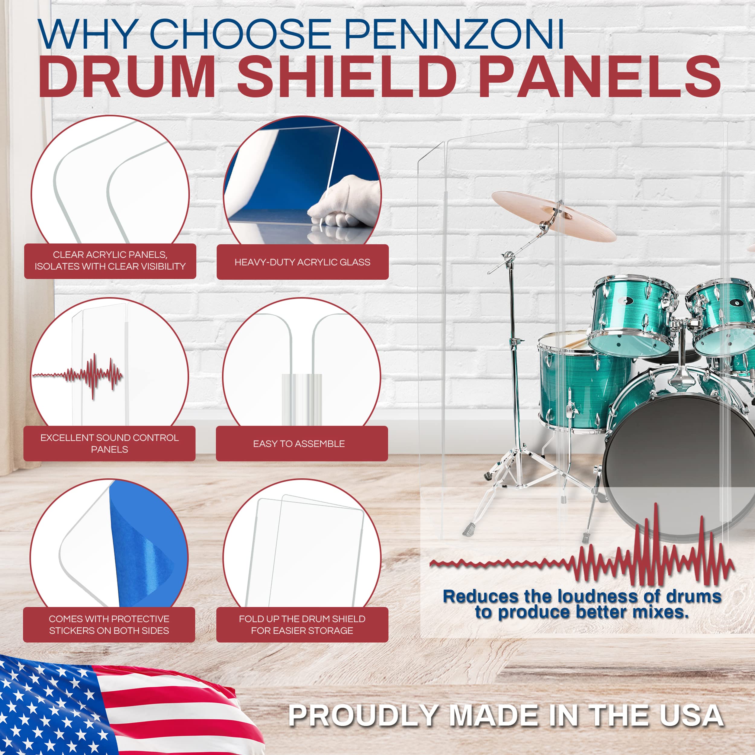 Pennzoni Drum Shield 6Ft W/Living Hinges, Comes W/ 5 Drum Panels, & Living Hinges, Premium Clear Acrylic Panels, Drum Screen