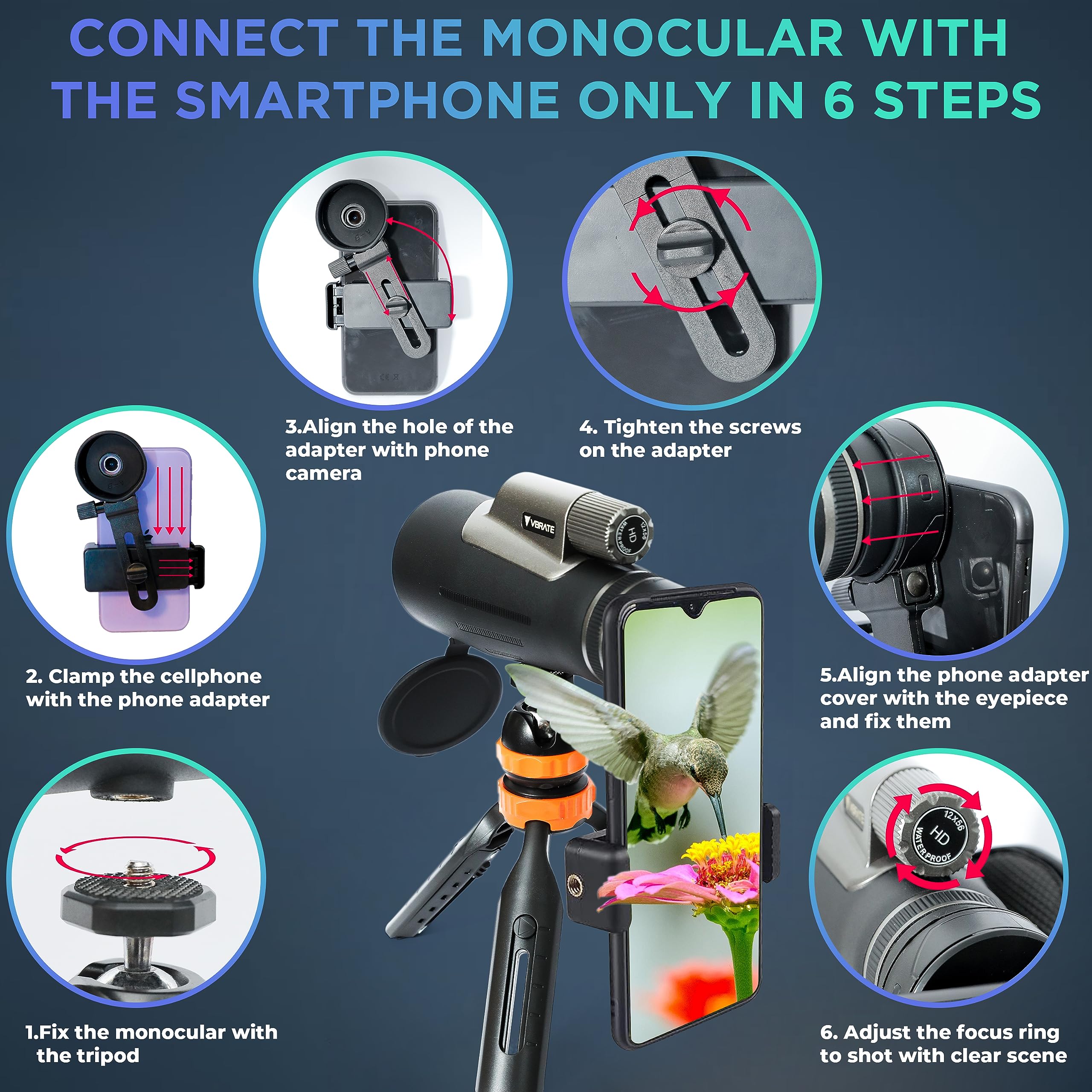 Vbrate Monocular Telescope   12X56 Telescope With Smartphone Adapter, Tripod   Compact Monocular Scope With Low Light Night Visi