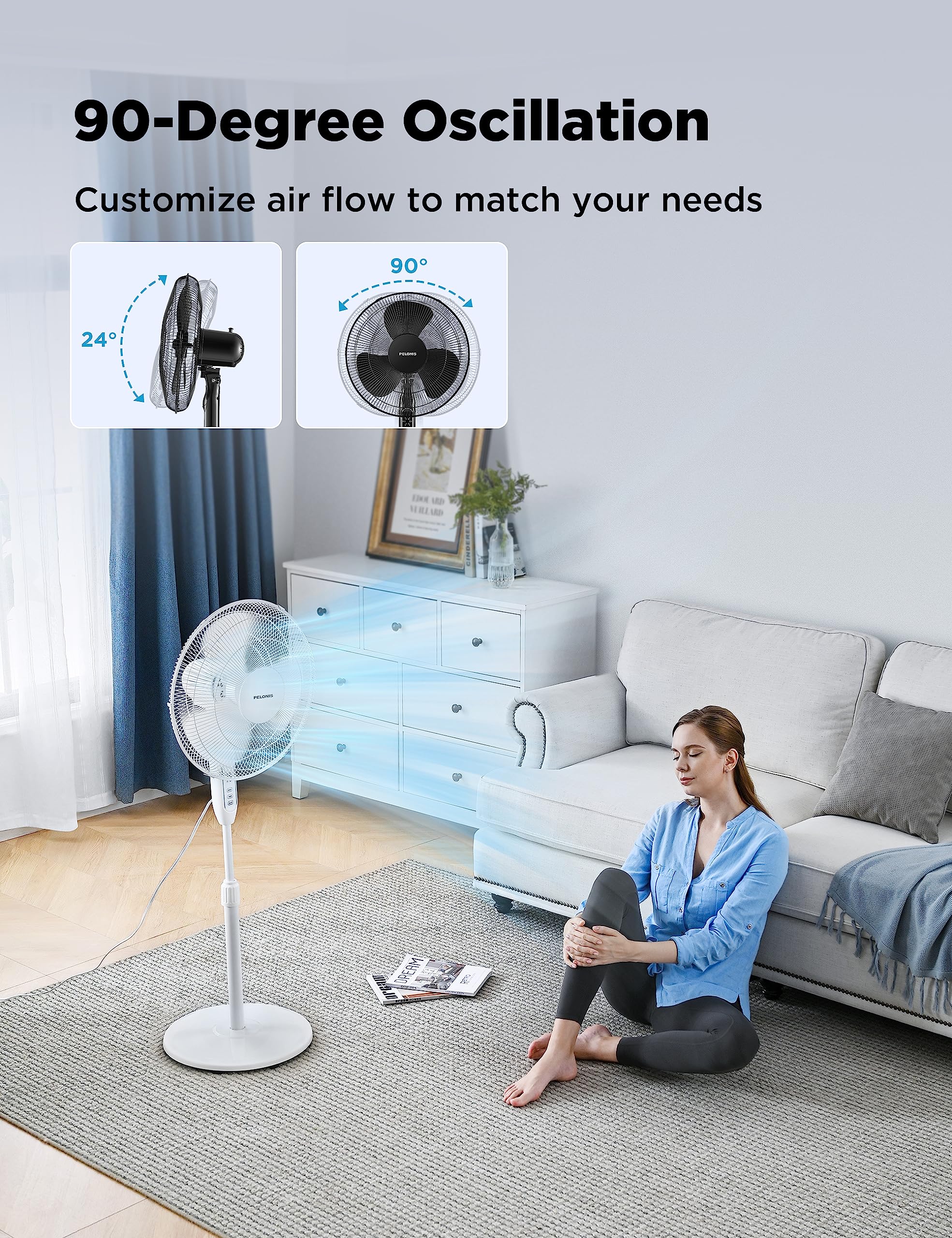 Pelonis 16'' Pedestal Remote Control Oscillating Stand Up Fan 7 Hour Timer, 3 Speed, And Adjustable Height,Electric Cooling Fans