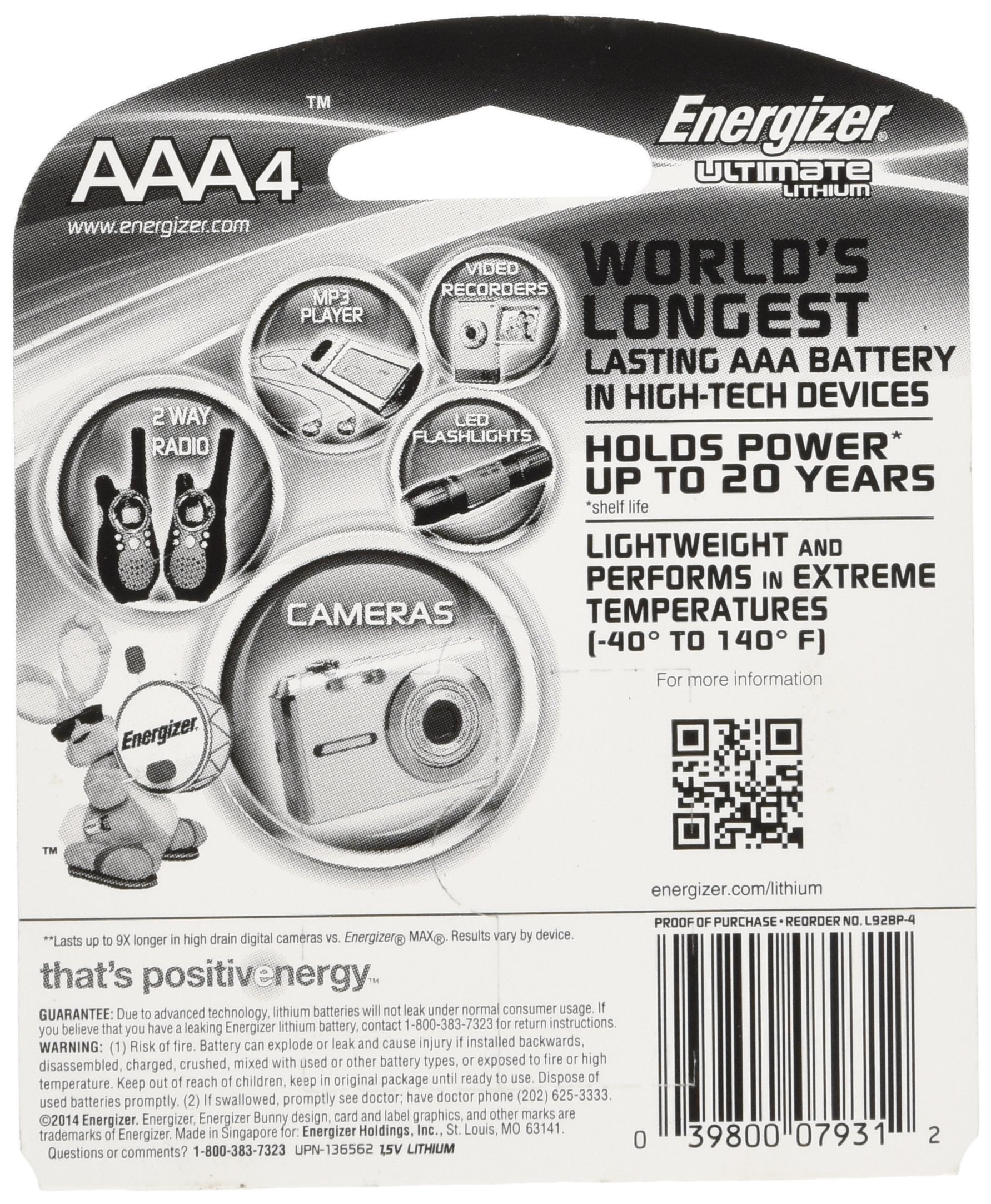 Energizer L92Bp 4 Ultimate Lithium Aaa Batteries, Worlds Longest Lasting Aaa Battery In High Tech Devices (4 Pack)