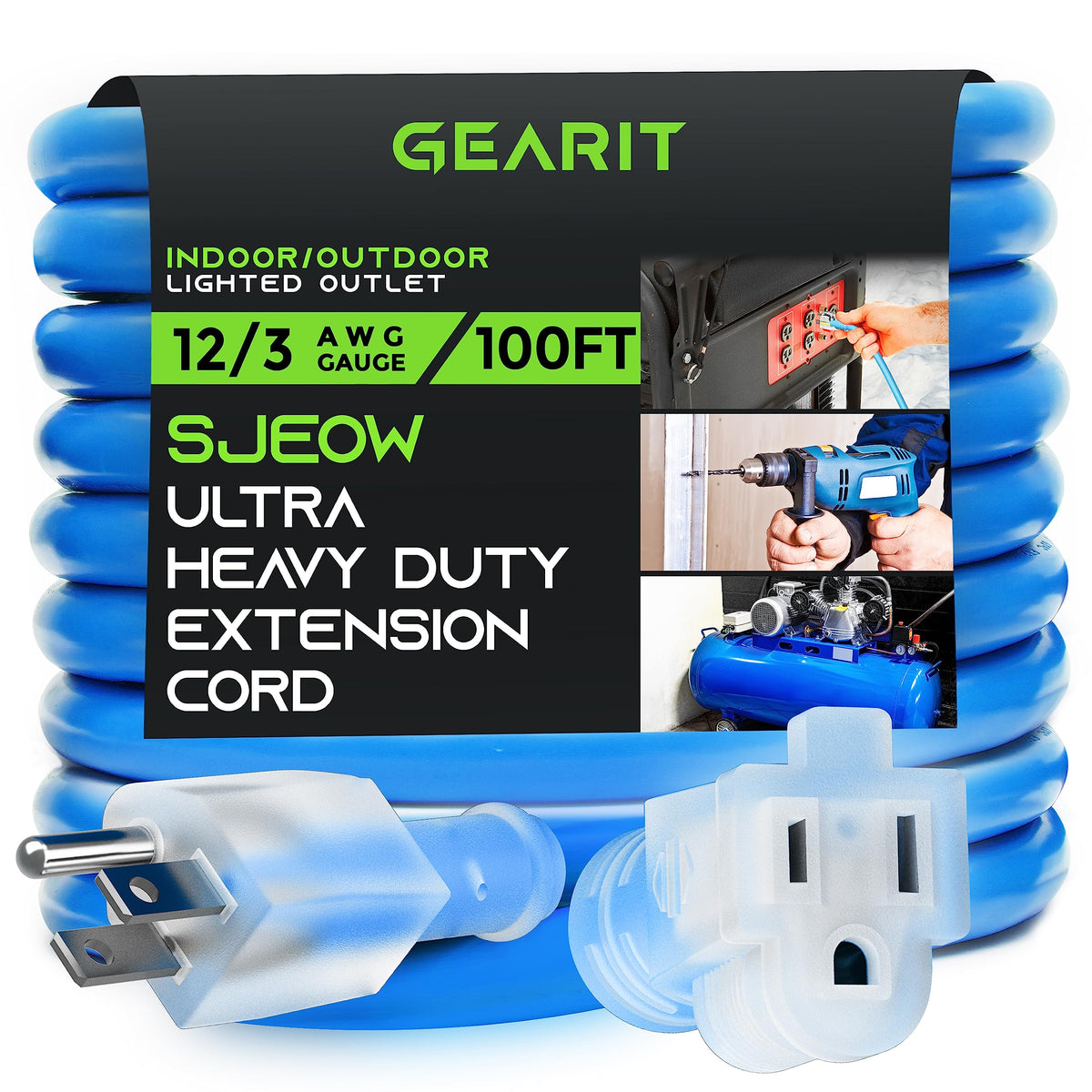 Gearit 12/3 Outdoor Extension Cord (100 Feet) 12 Awg Gauge   3 Prong Plug   Sjeow Extreme Heavy Duty Cold Weather Indoor/Outdoor