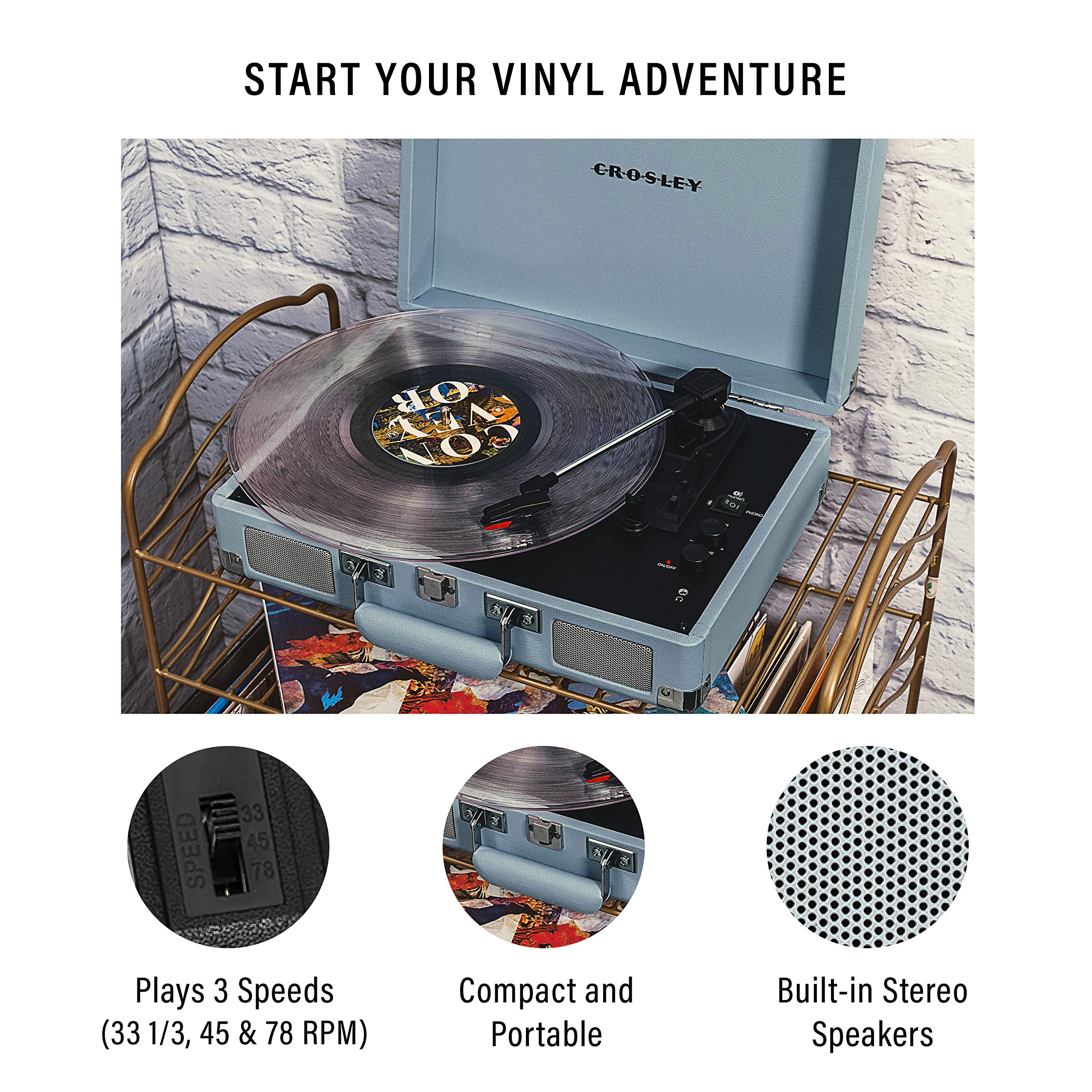 Crosley Cr8005F Tn Cruiser Plus Vintage 3 Speed Bluetooth In/Out Suitcase Vinyl Record Player Turntable, Tourmaline
