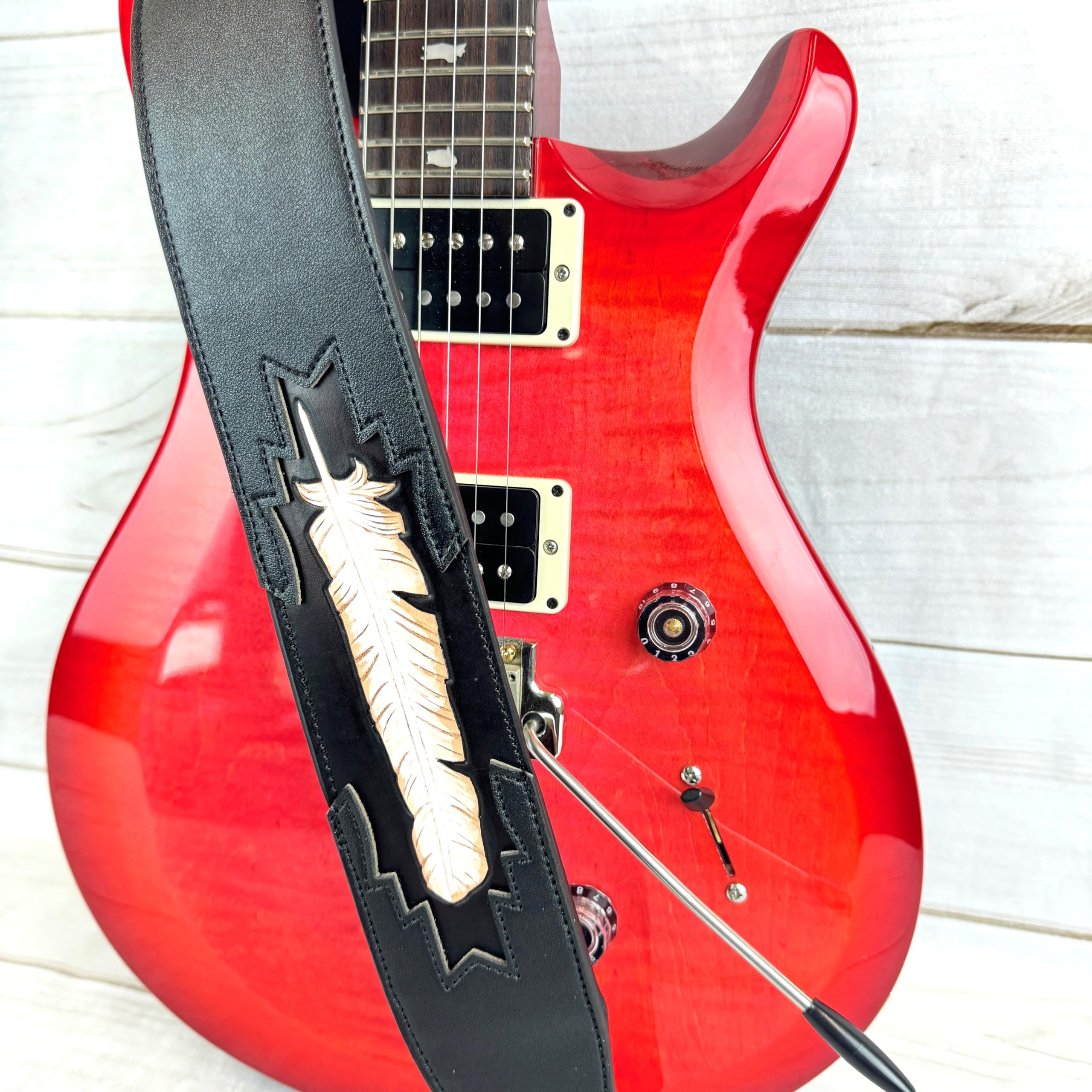 Walker & Williams Cvg 115 Black Leather Padded Guitar Strap Hand Tooled Feather For Acoustic, Electric, And Bass Guitars