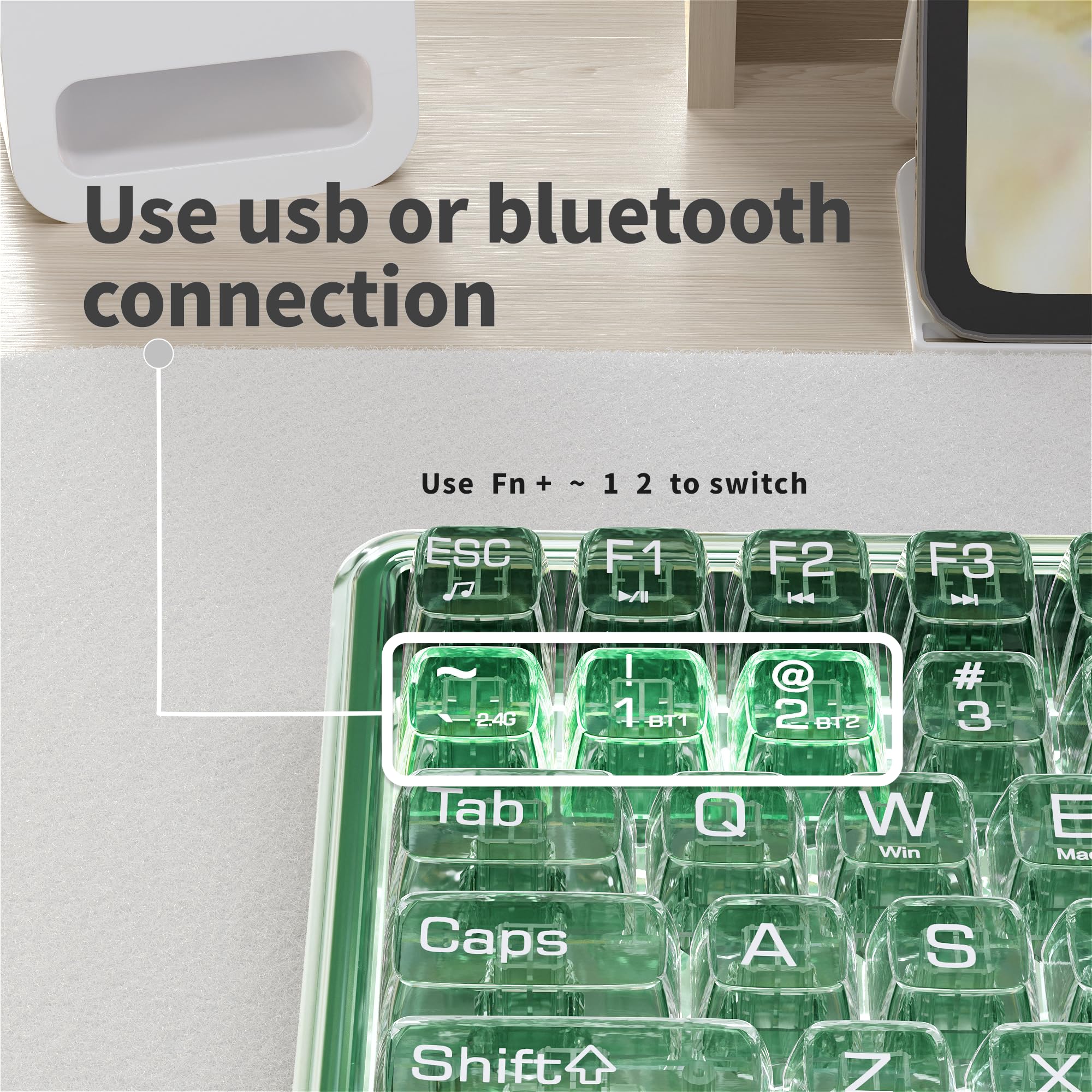 Ubotie Bluetooth Wireless Transparent Keyboard, Dual Mode Bt1 Bt2 Usb Receiver Connection 100Keys Bt Keyboard With Power On Off