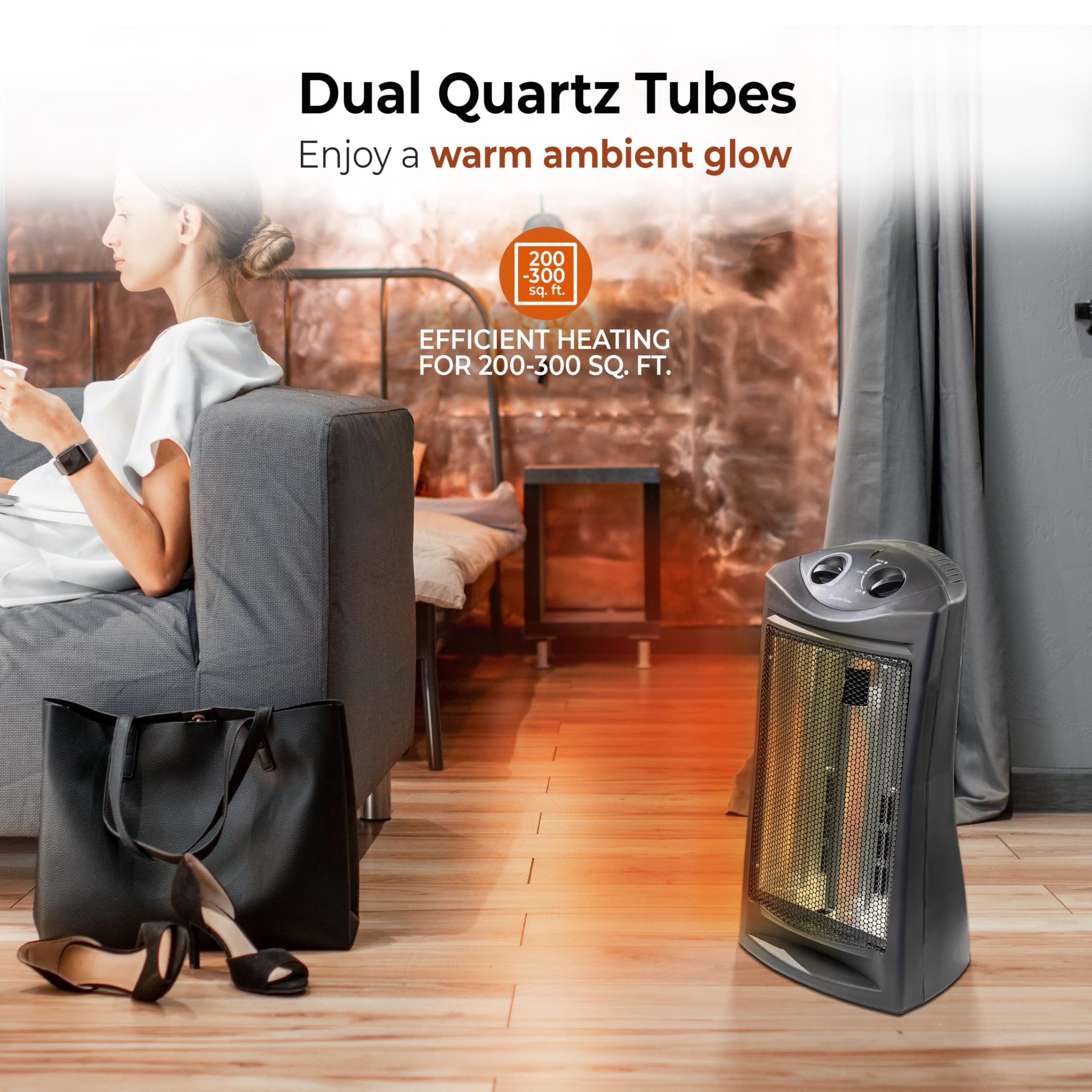 Comfort Zone Indoor Tower Space Heater, Adjustable Thermostat, Radiant Heat, Electric, Infrared Quartz, 2 Heat Settings, Overhea