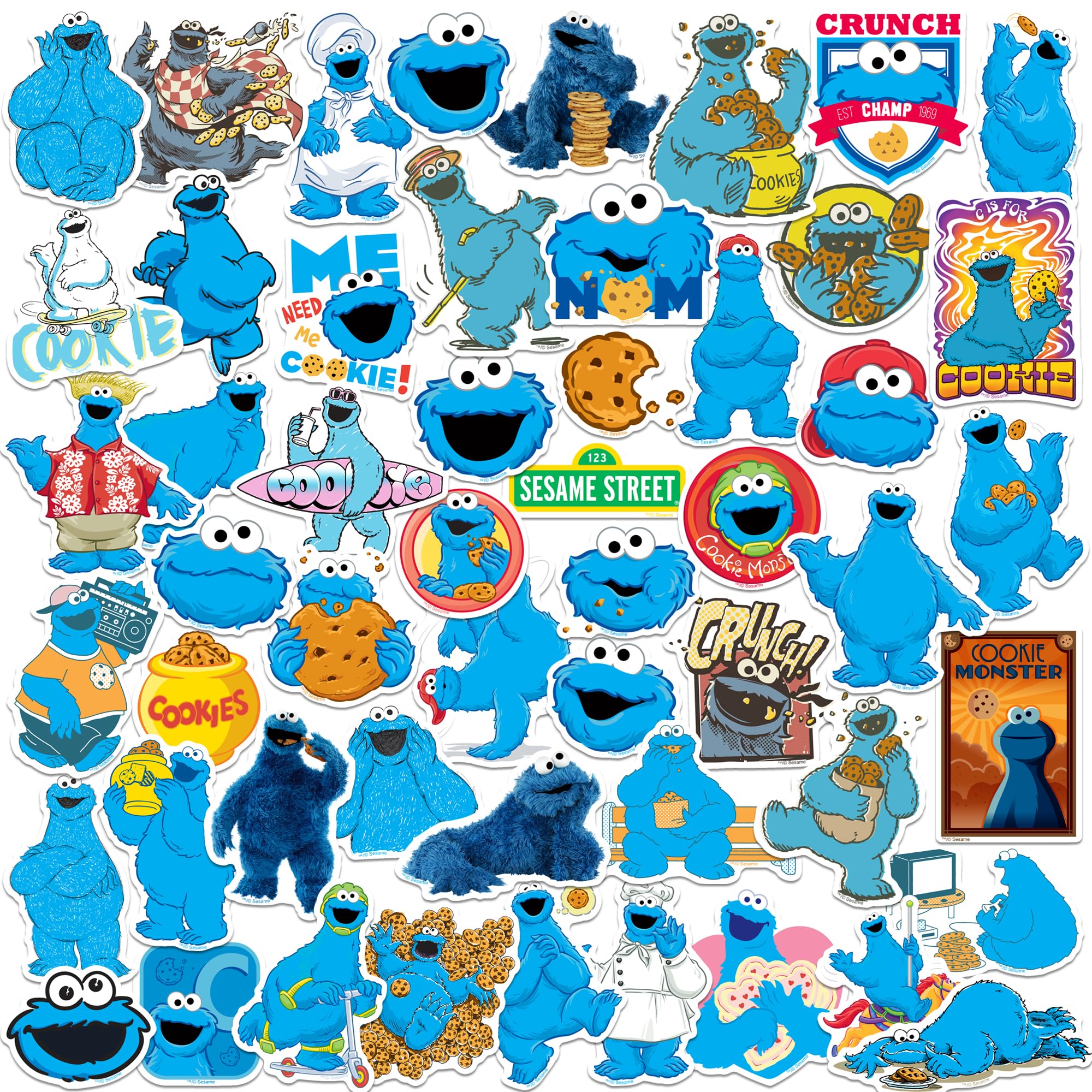 Sesame Street Cookie Monster 50Ct Vinyl Large Deluxe Stickers Variety Pack   Laptop, Water Bottle, Scrapbooking, Tablet, Skatebo