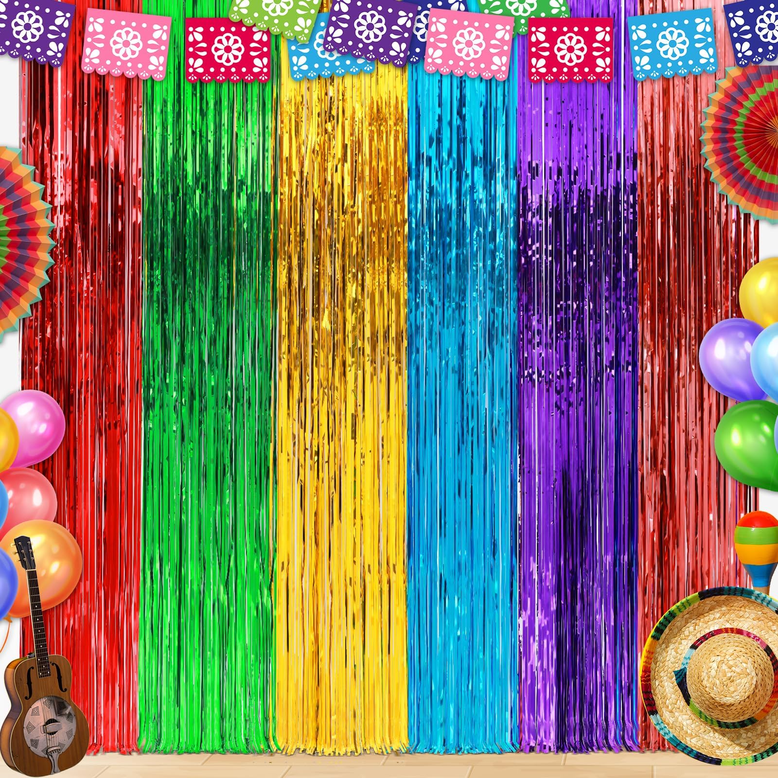 2 Pack Fiesta Party Decorations Mexican Foil Fringe Curtain Backdrop 3.3 x 6.6ft Fiesta Birthday Rainbow Mexican Tinsel Streamer