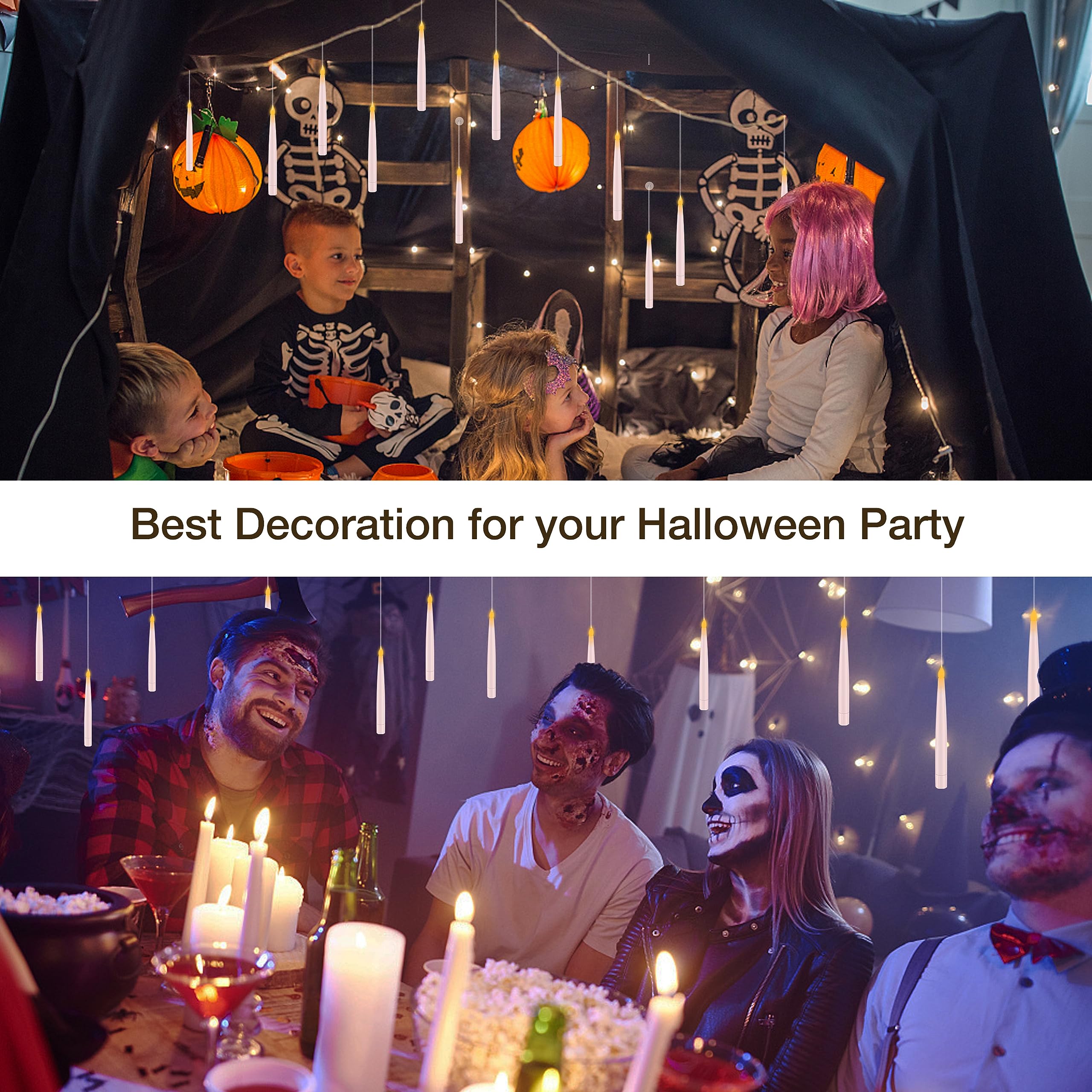 Halloween Decorations, Floating Candles With Wand, Magic Hanging Candles Flickering Warm Light Flameless Led Taper Candle, Batte