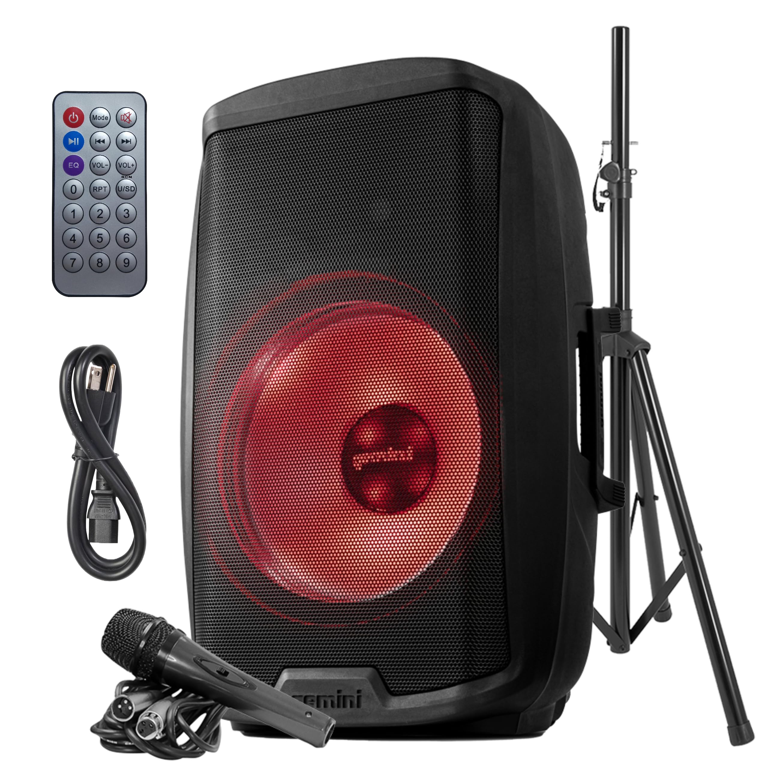 Gemini 2000W Bluetooth PA Speaker w/Stand - 15    DJ Loudspeaker System with LED Lights, USB/SD/FM, Wireless Stereo Pairing, Mic
