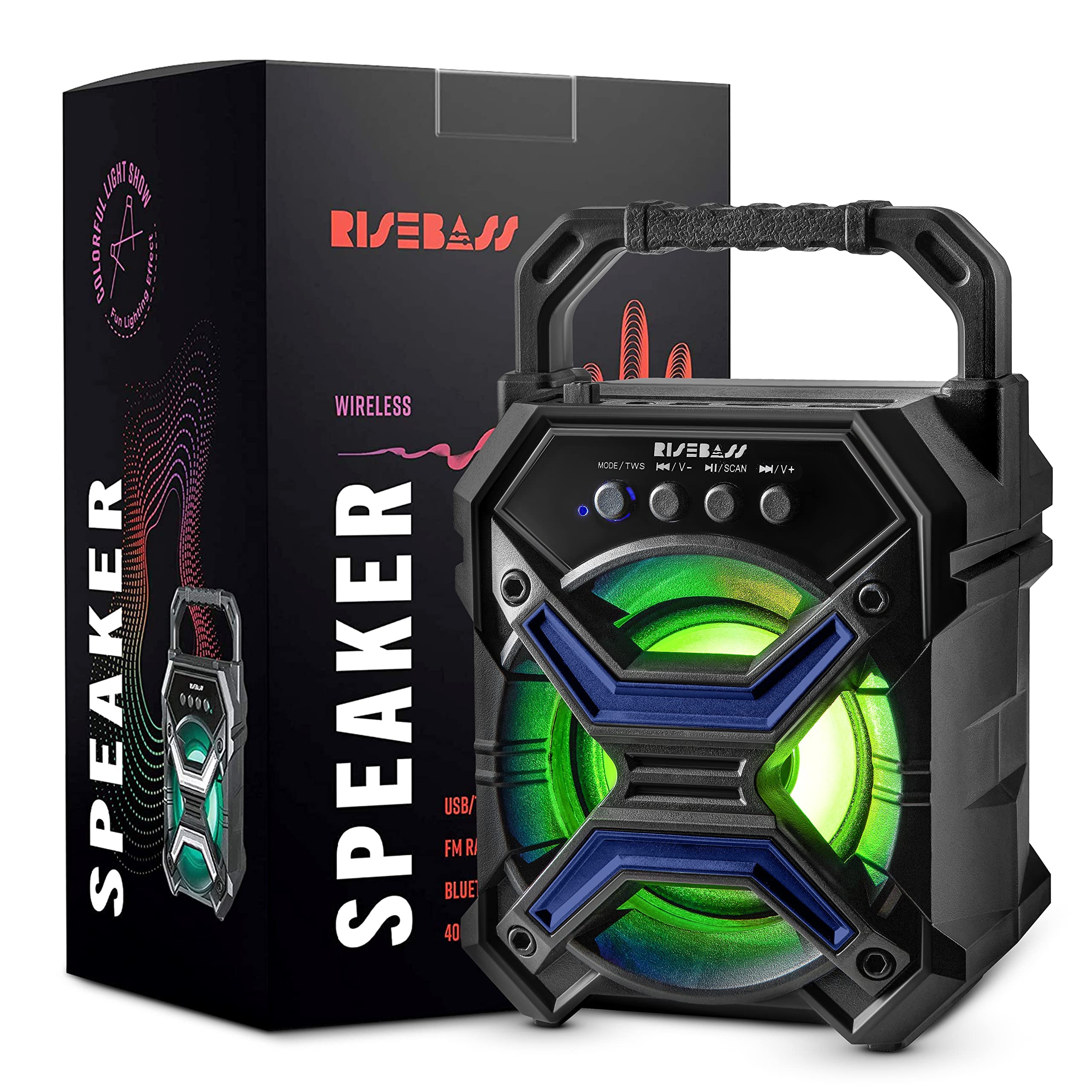 Risebass Portable Wireless Bluetooth Speaker For Iphone, Android, Ipod And More   Rechargeable Bluetooth Speaker For Kids & Adults   Mini Speaker With Party Lights For Hiking, Picnic