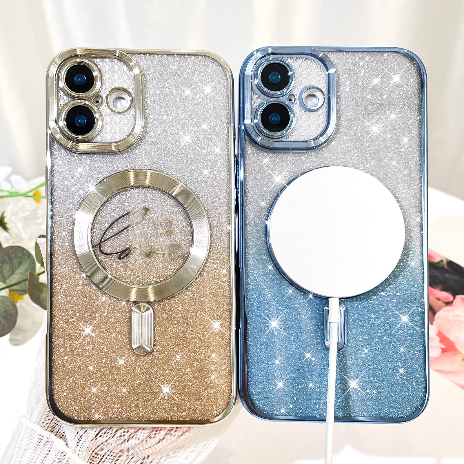 Fiyart Designed For Iphone 16 Case,Compatible With Magsafe Plating Camera Protection Love Hearts Phone Clear Case, Magnetic Glit