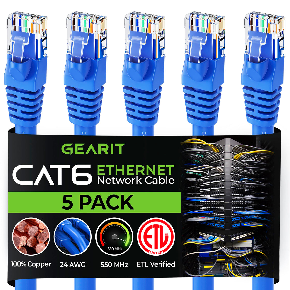 Gearit 5 Pack, Cat 6 Ethernet Cable Cat6 Snagless Patch 6 Feet   Snagless Rj45 Computer Lan Network Cord, Blue   Compatible With