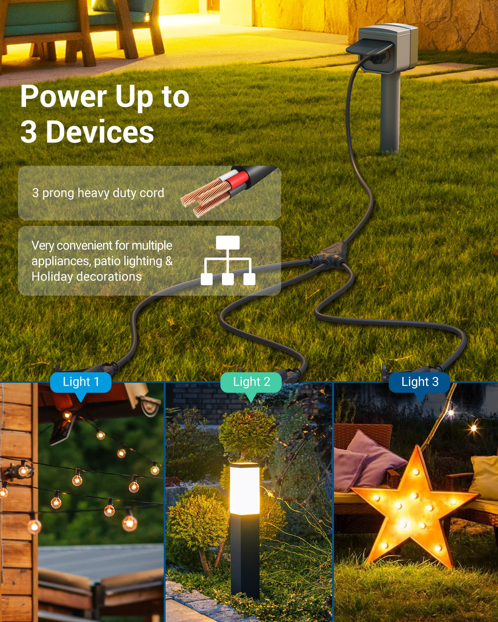 Dewenwils Outdoor Extension Cord 1 To 3 Splitter, Total 12Ft, 13A 125V 1625W 16/3C Sjtw Extension Cord Outdoor, Heavy Duty Exten