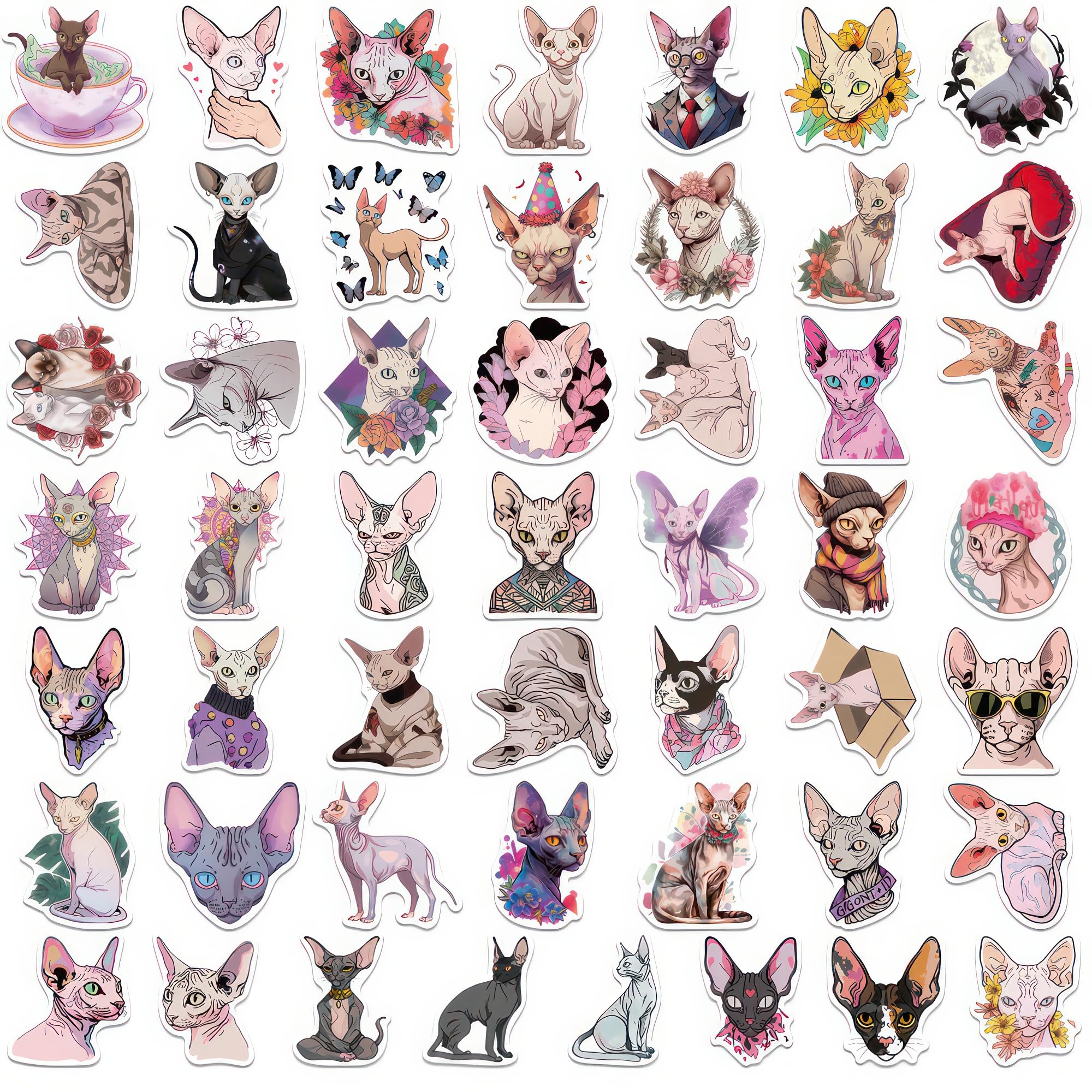 50 Pcs Sphynx Cat Stickers For Water Bottles Cars Hairless Cat Cute Cat Stickers Kitten Stickers Sphynx Cat Waterproof Stickers