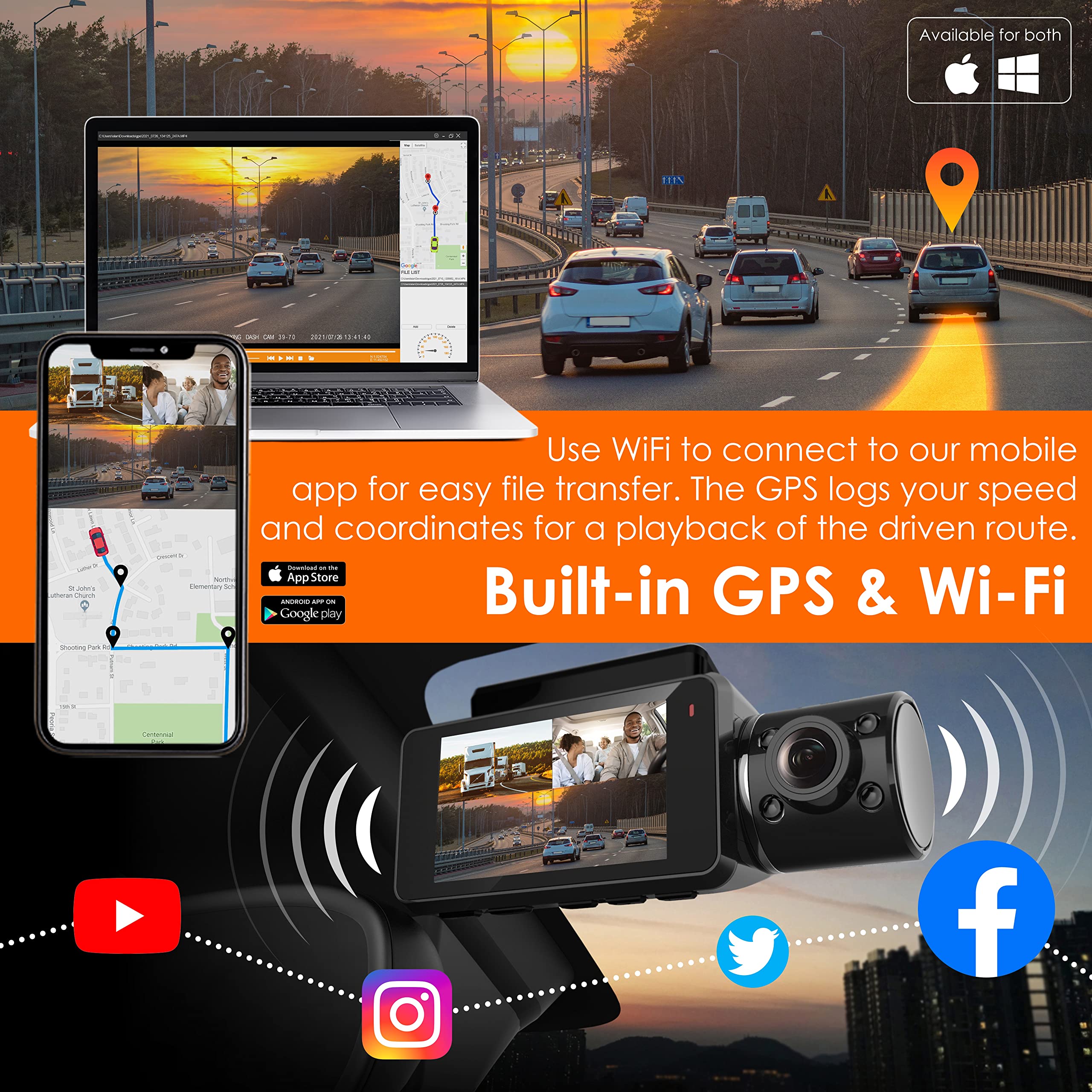 Rexingusa V33 2K 3 Channel Dash Cam Built In Wifi Gps, Car Dashboard Camera Recorder 1440P + 1440P +1440P, 2.7    Lcd, 170 Wide