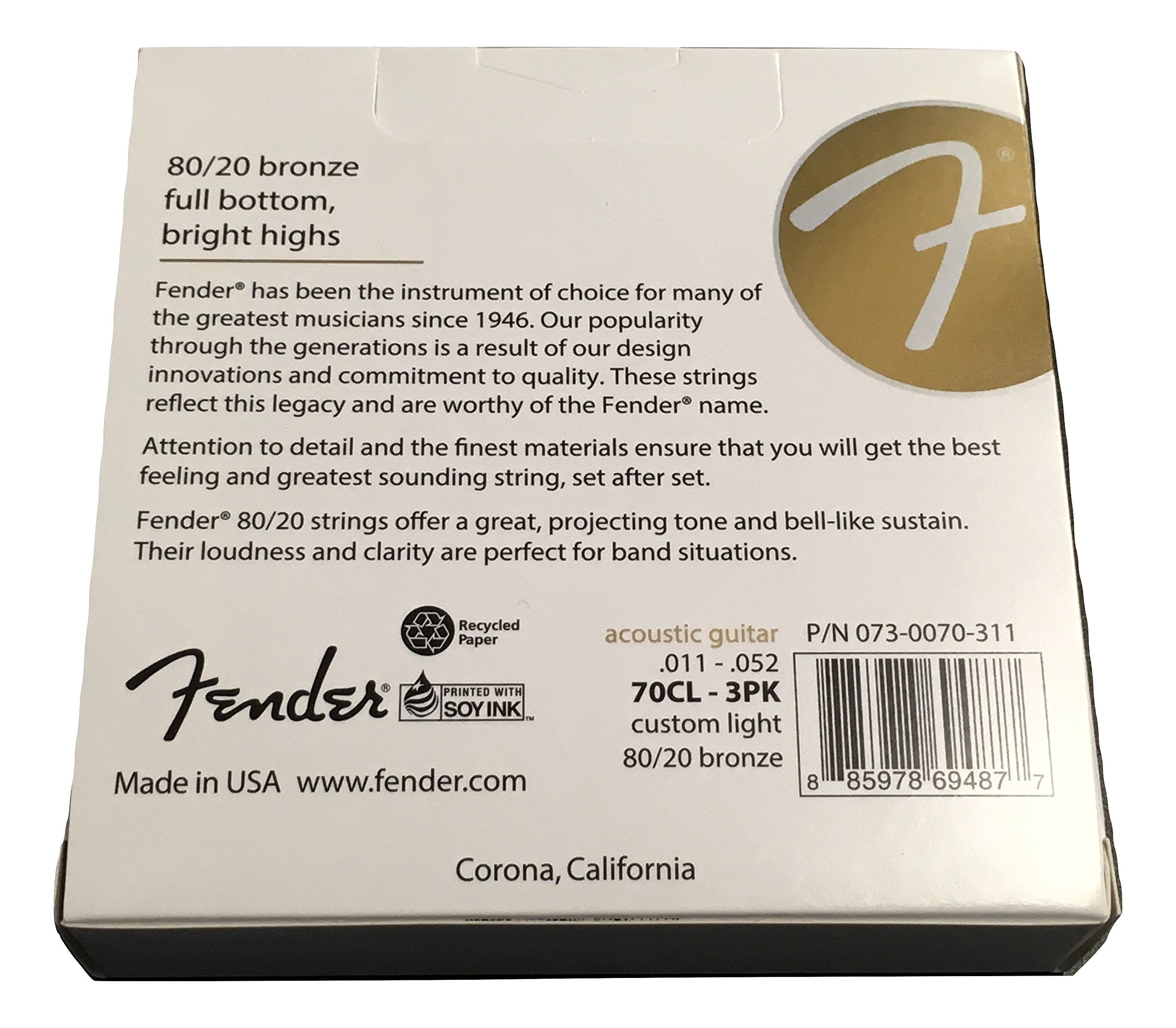 Fender 80/20 Bronze Acoustic Strings, Ball End, 70Cl .011-.052 Guages, 3-Pack