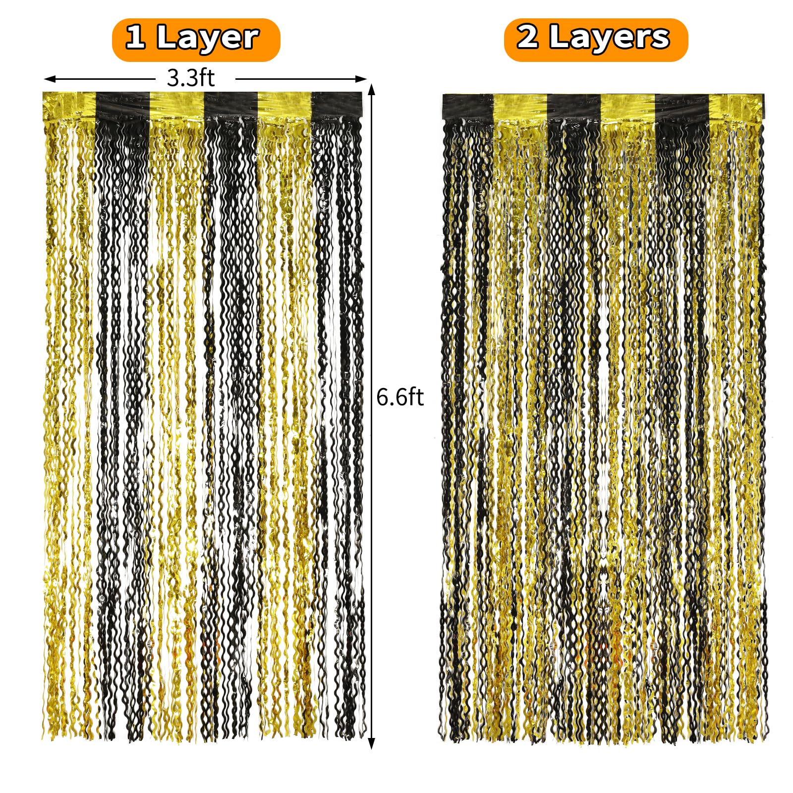 Keeuh 4 Pack Black And Gold Wavy Foil Fringe Curtains Pirthday Decorations,3.3 Ft X 6.6 Ft Metallic Foil Curtains Streamers For