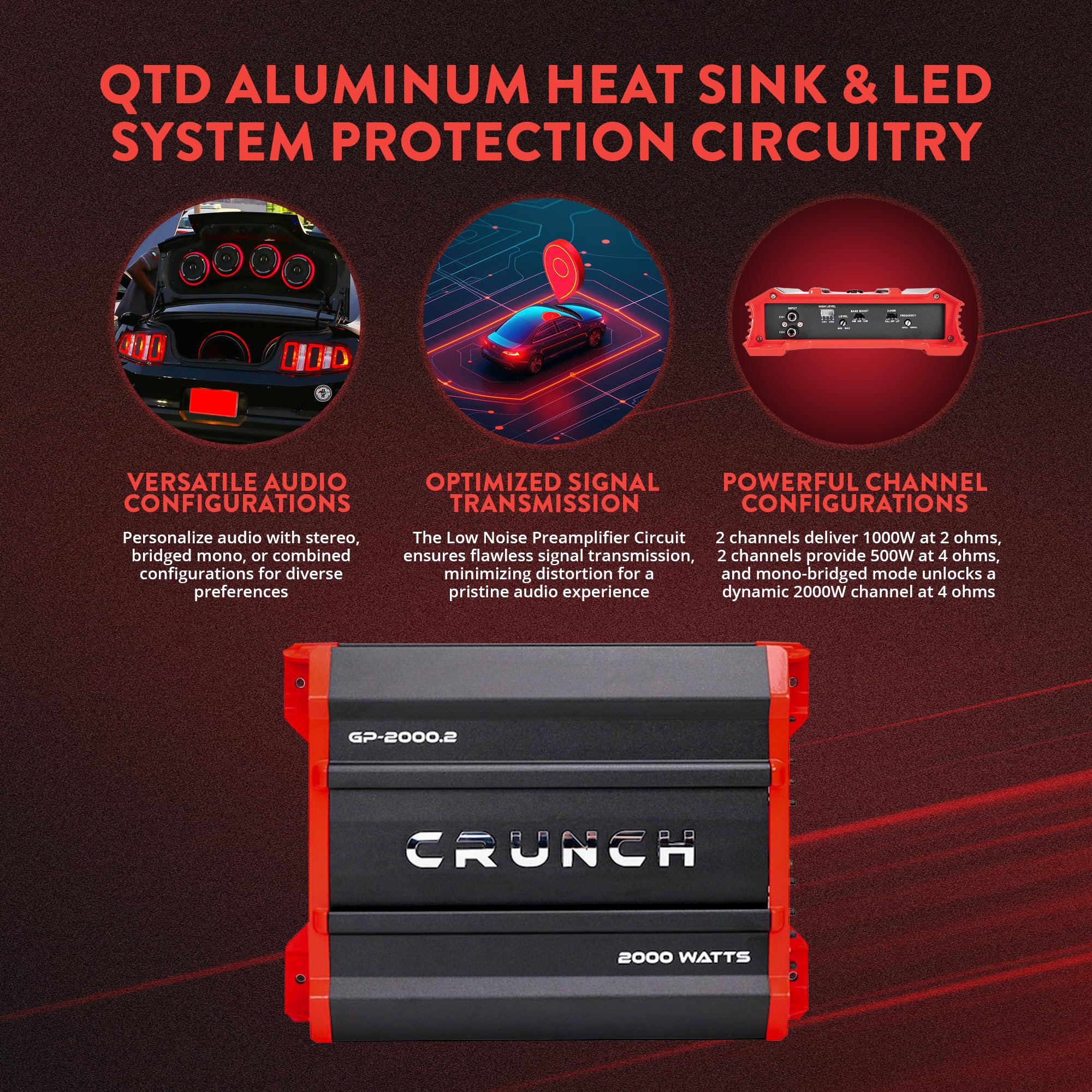 Crunch Ground Pounder 2 X 500 @ 4 Ohms 2 X 1000 @ 2 Ohms 1 X 2000 Watts @ 4 Ohms Bridged