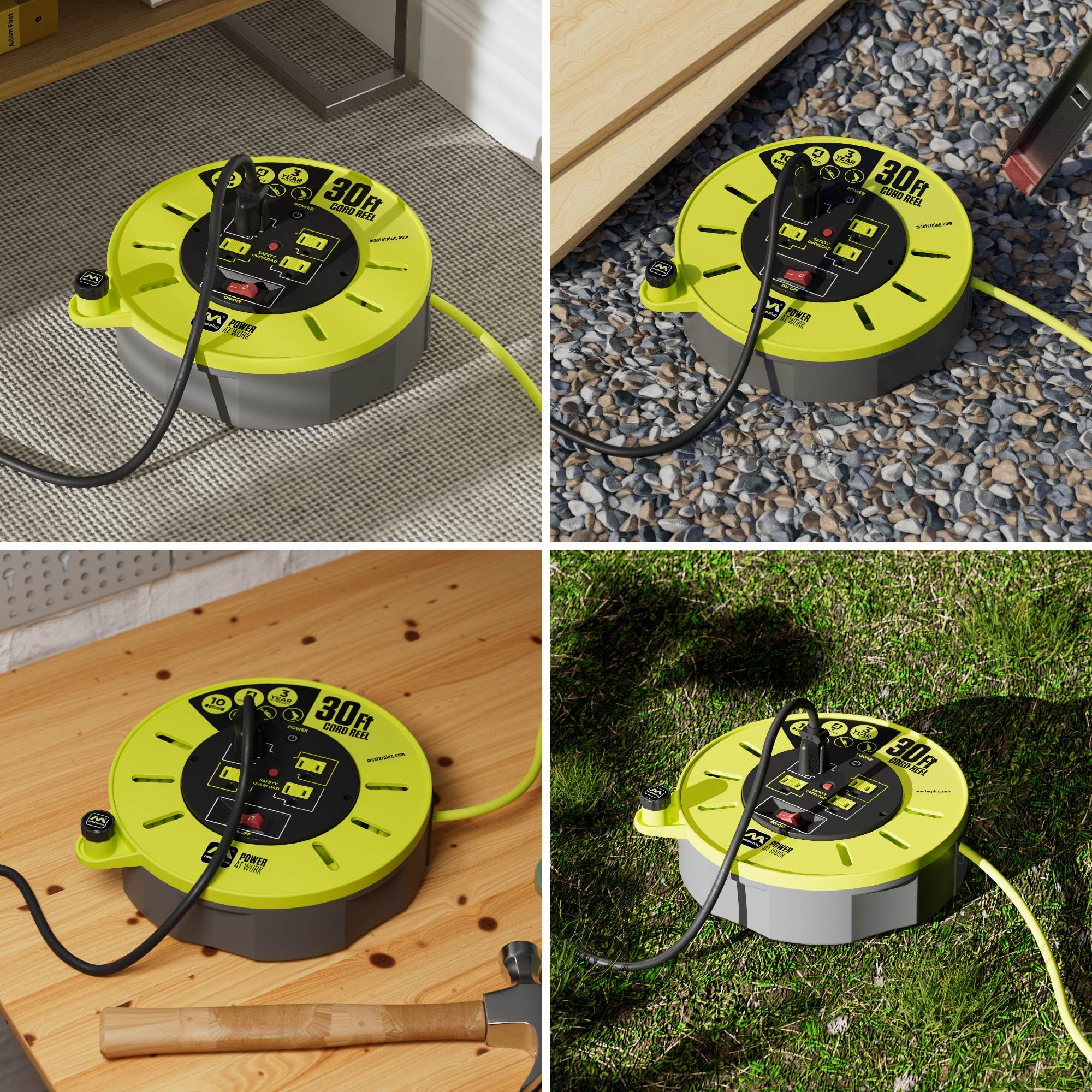 Masterplug 30Ft Cassette Cord Reel, Retractable Extension Lead With Winding Handle, Safety Overload Circuit Breaker And Power Sw