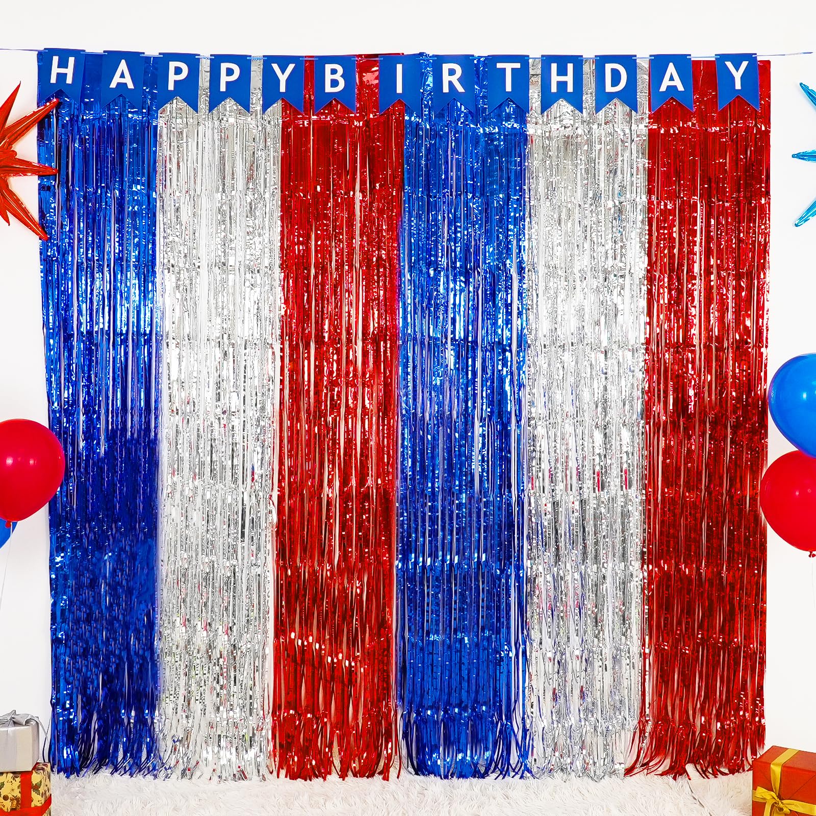 4Th Of July Decorations, 2 Packs 3.3 X 6.6 Ft Red White And Blue Foil Fringe Backdrop Curtains Tinsel Streamers For Patriotic, M