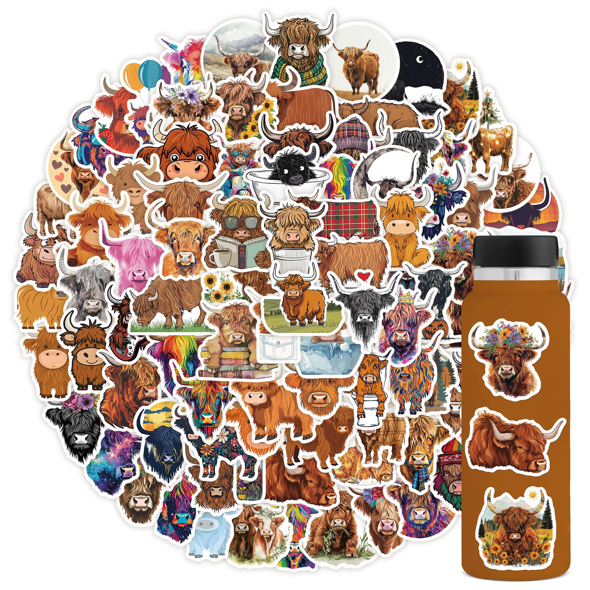 96 Pcs Highland Cow Stickers,Cool Highland Cow Stickers For Boys Girls Teens,Unique Designed Cartoon Vinyl Waterproof Aesthetic Stickers For Water Bottles Laptop Computer Skateboard
