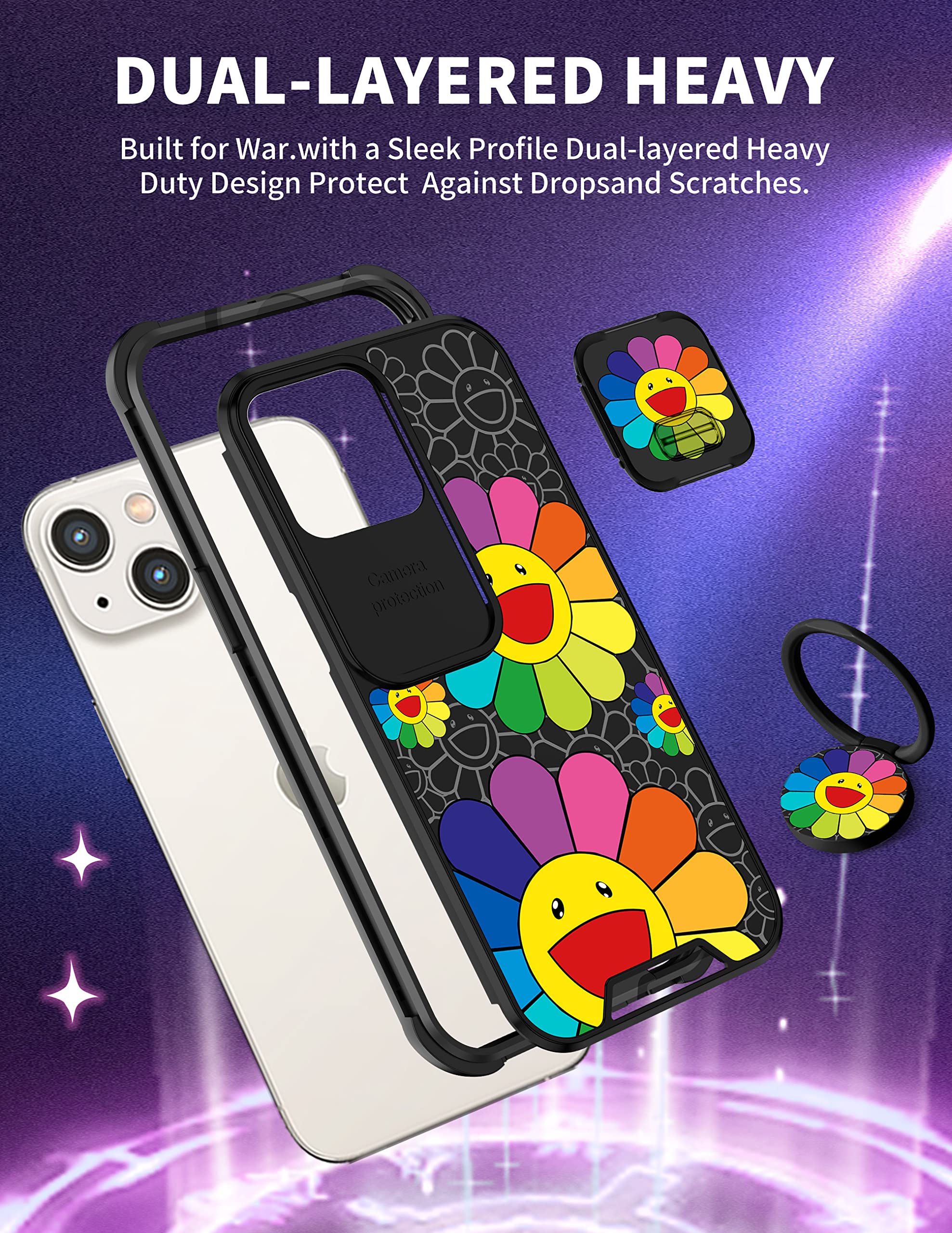 Goocrux (2In1 For Iphone 13 Case Smile Face Flower For Women Girls Pretty Girly Phone Cover Cute Floral Design With Slide Camera