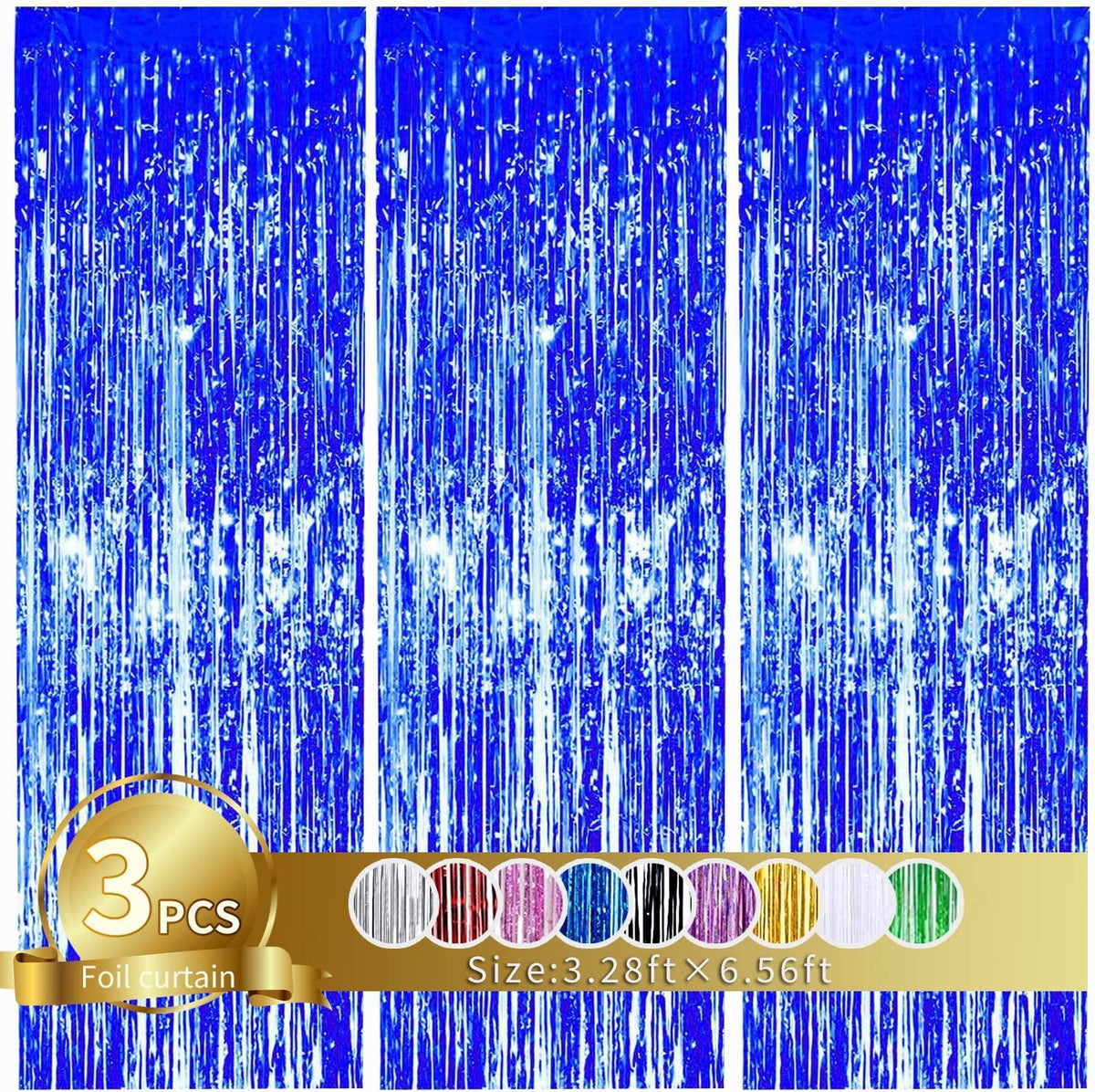 Toniful 3Pcs Blue Metallic Tinsel Foil Fringe Curtains,3.28Ft X 6.56Ft Blue Photo Booth Backdrop Streamer Curtain,Photo Booth Pr