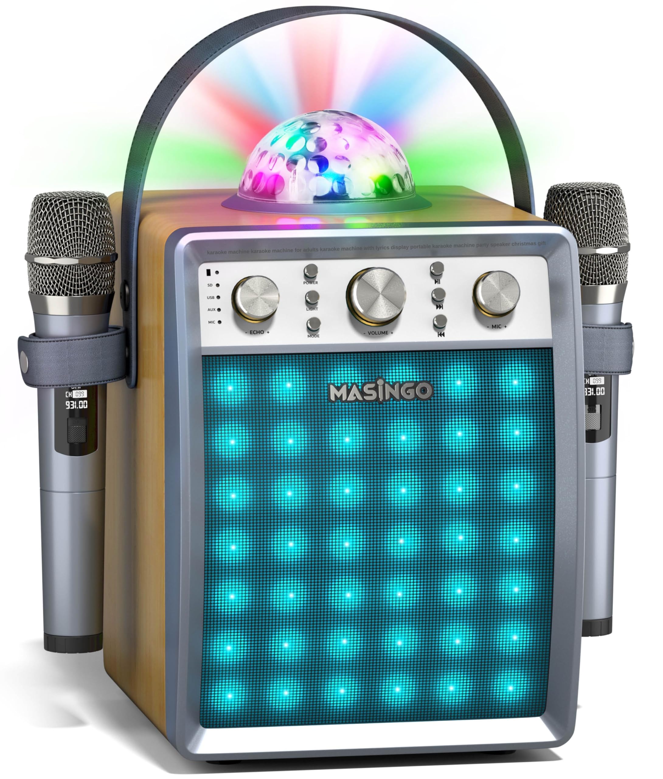 MASINGO Karaoke Machine for Adults and Kids with 2 Wireless Microphones, Portable Singing PA Speaker System Set with Disco Ball 