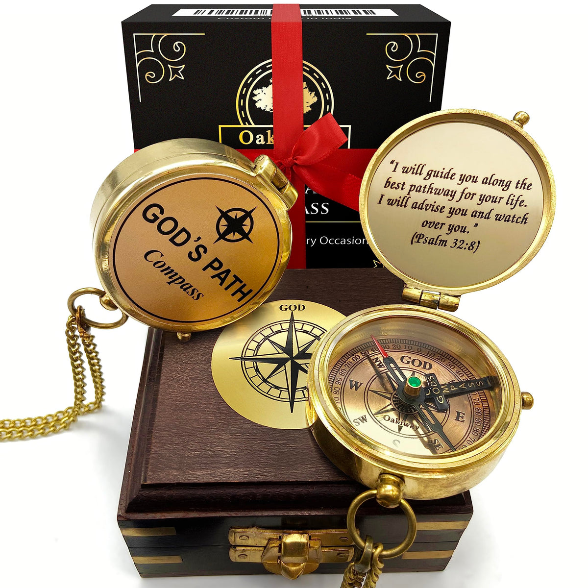 Oakiway Religious Gifts For Men - God'S Path Compass (In Wooden Box) - Christian, Catholic, Baptism Gifts For Boys, Communion, C
