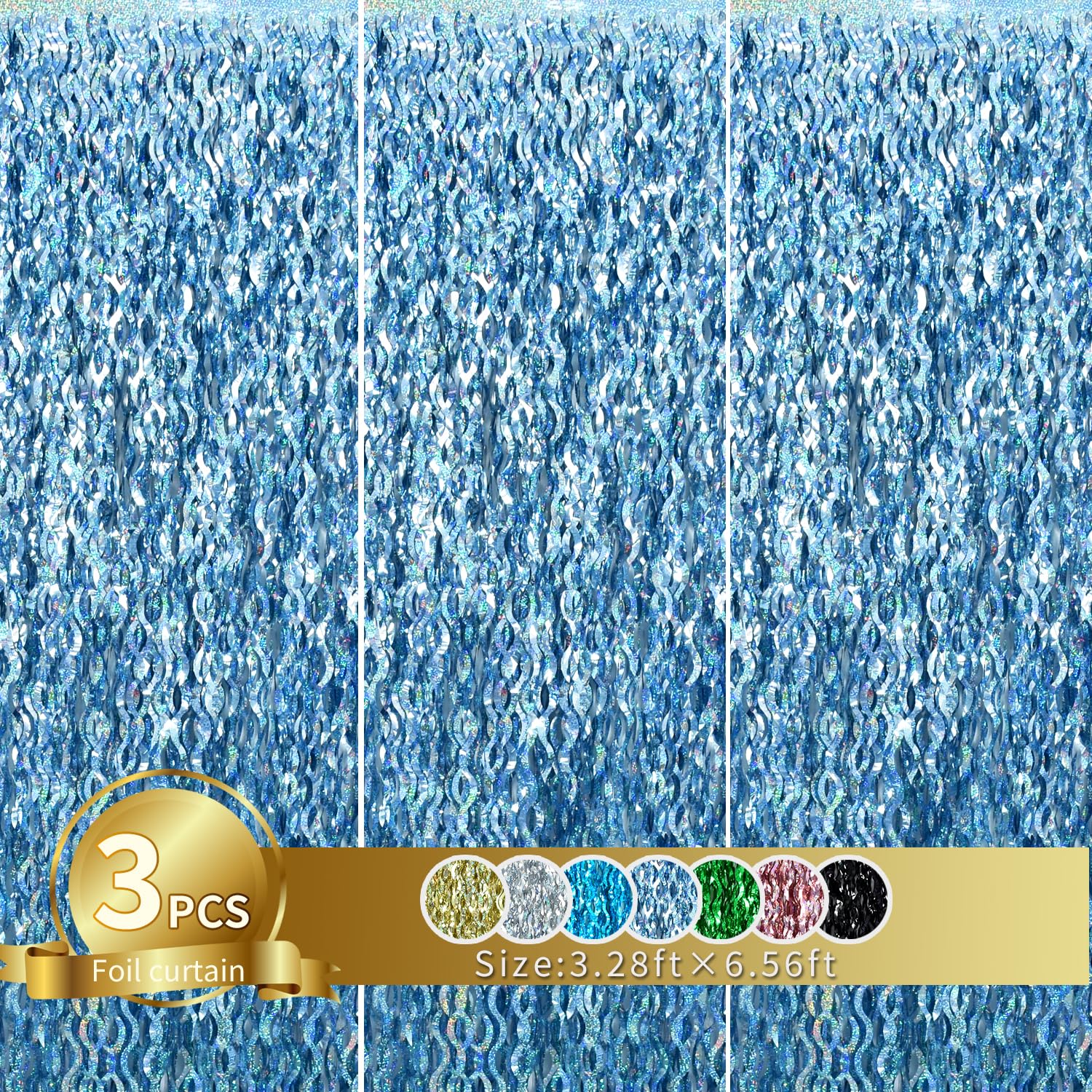 TONIFUL 3Pcs Wavy Metallic Tinsel Foil Fringe Curtains Light Blue Streamer Backdrop for Photo Booth Props,Party Door Wall Curtai
