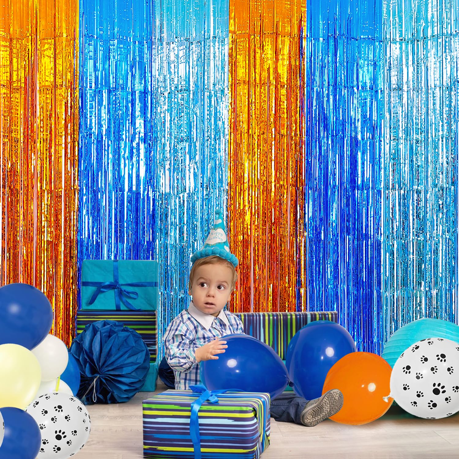 Blue Dog Birthday Party Supplies, Blue Dog Foil Fringe Curtains, 2 Packs Orange Blue & Light Blue Tinsel Metallic Streamers, Pho