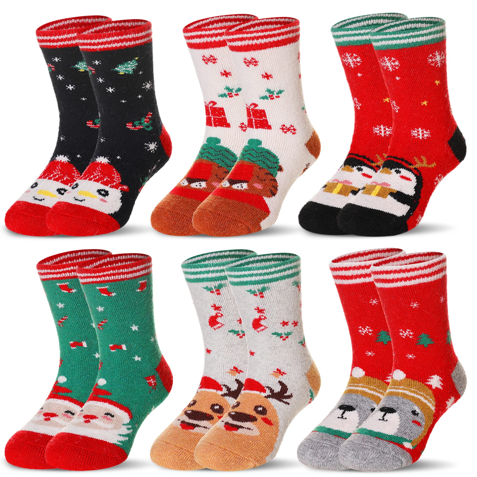 Eocom 6 Pairs Childrens Winter Warm Wool Socks Kids Toddlers Boys Girls Thermal Thick Boot Cozy Crew Socks (4 7 Years, Christmas
