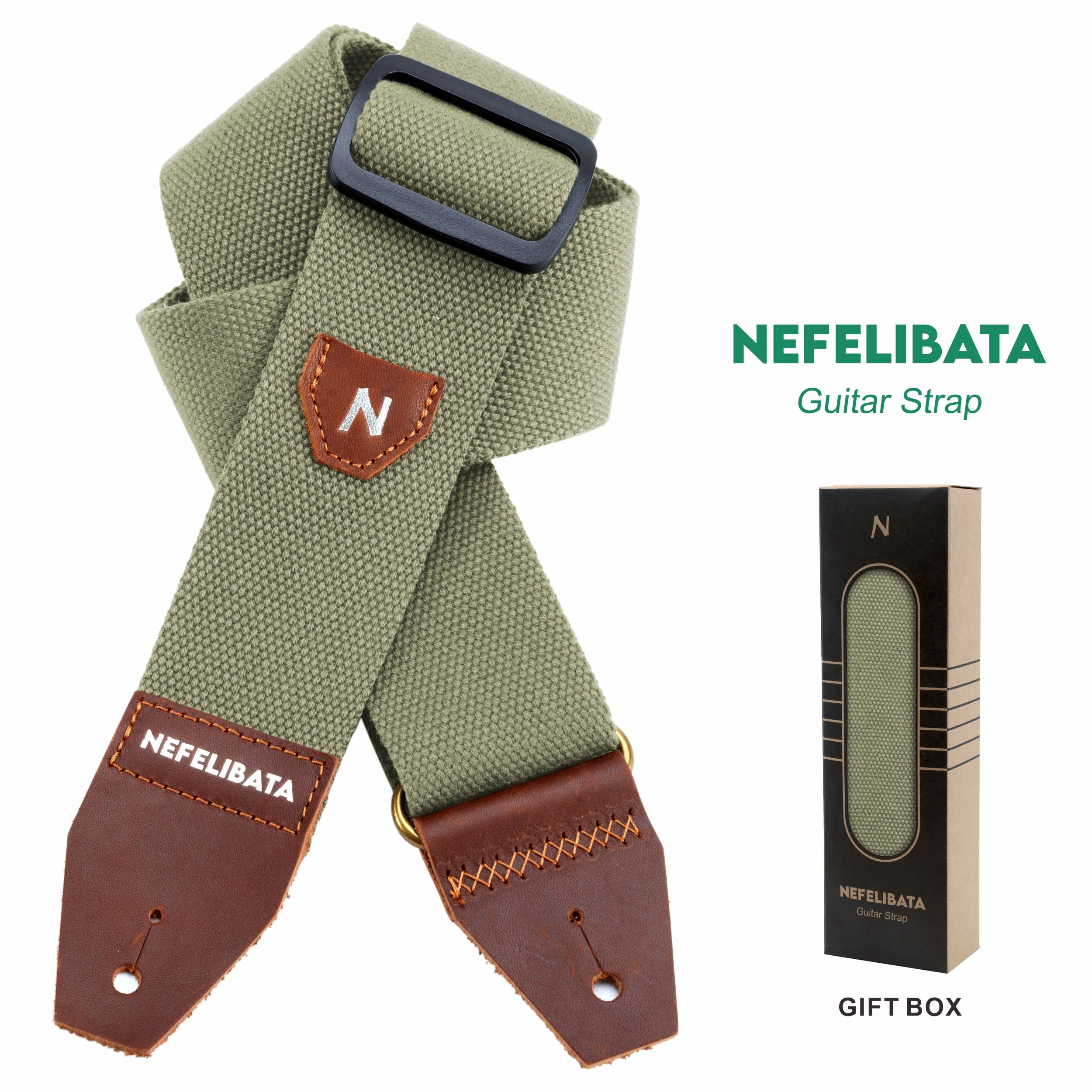 Nefelibata Guitar Strap With Pick Pocket, 100% Cotton Full Grain Leather End Guitar Strap For Acoustic Guitar, Electric Guitar,