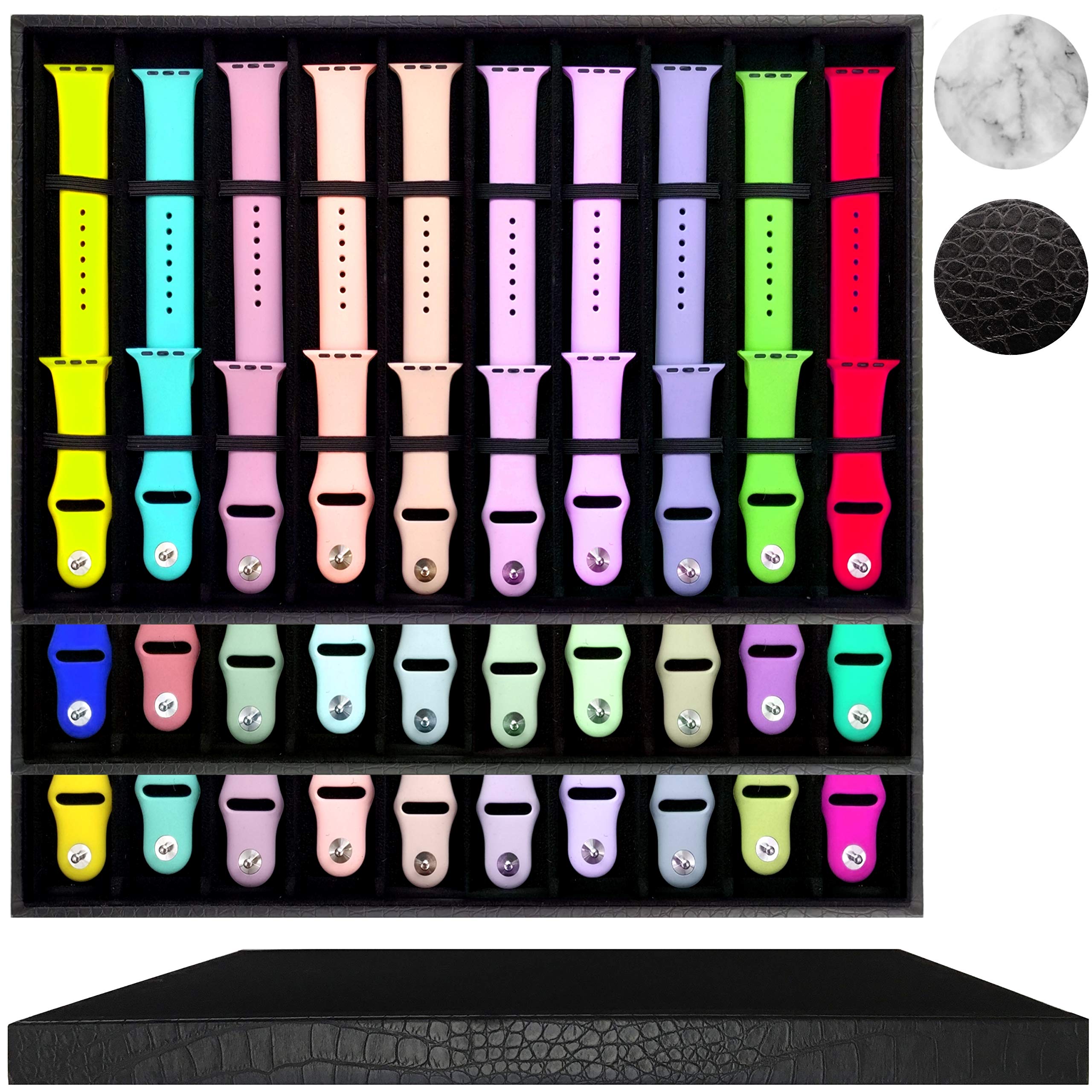 Zero Mass Stackable Luxurious Storage Case Organizer For Apple Watch Bands, Stores 10 20 Smartwatch Straps (Black Snakeskin)