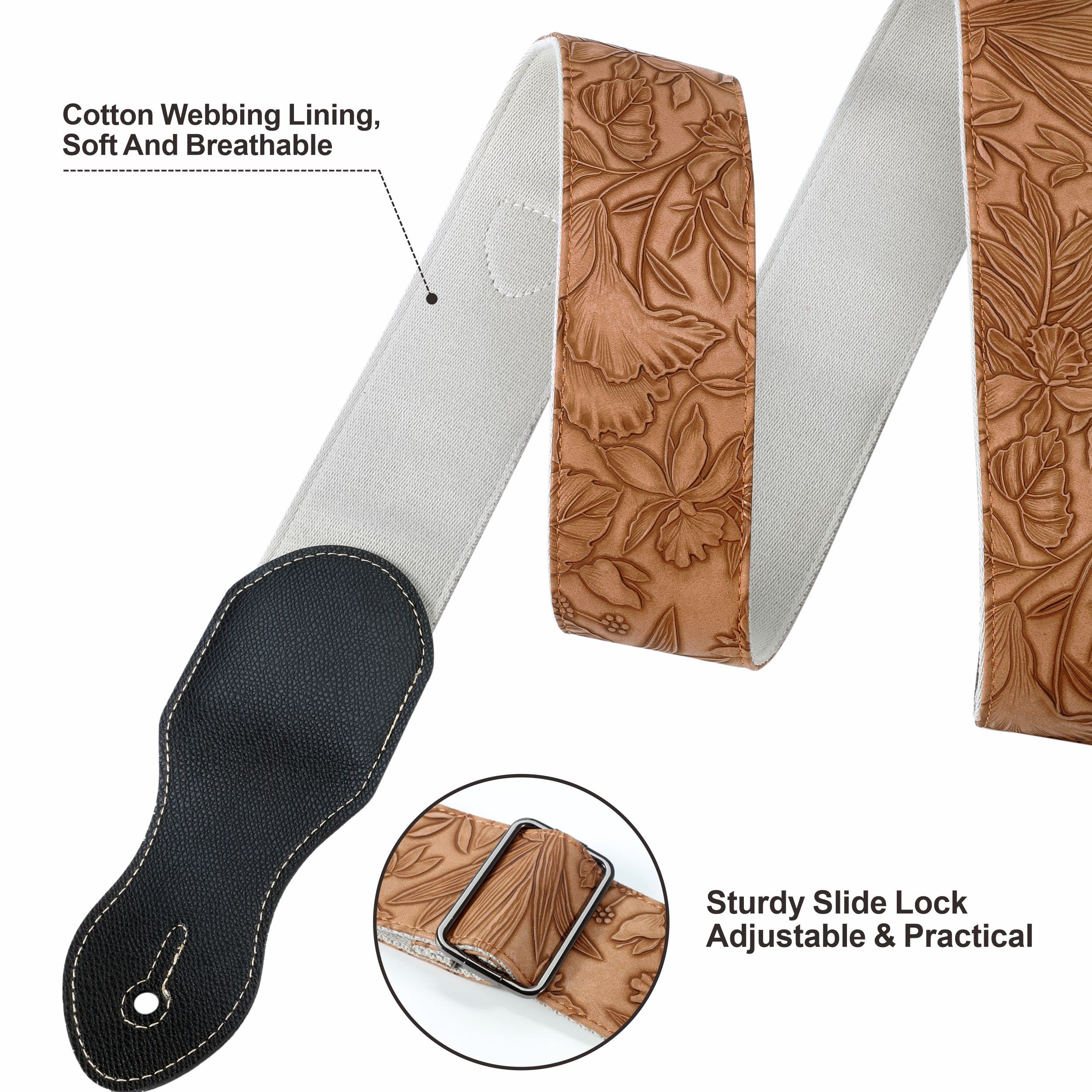 Nefelibata Guitar Strap - 2.3" Leather Carving, Adjustable 36"-63", F#-Brown Yellow, Model JTBD-LCS144, with Pick Pocket